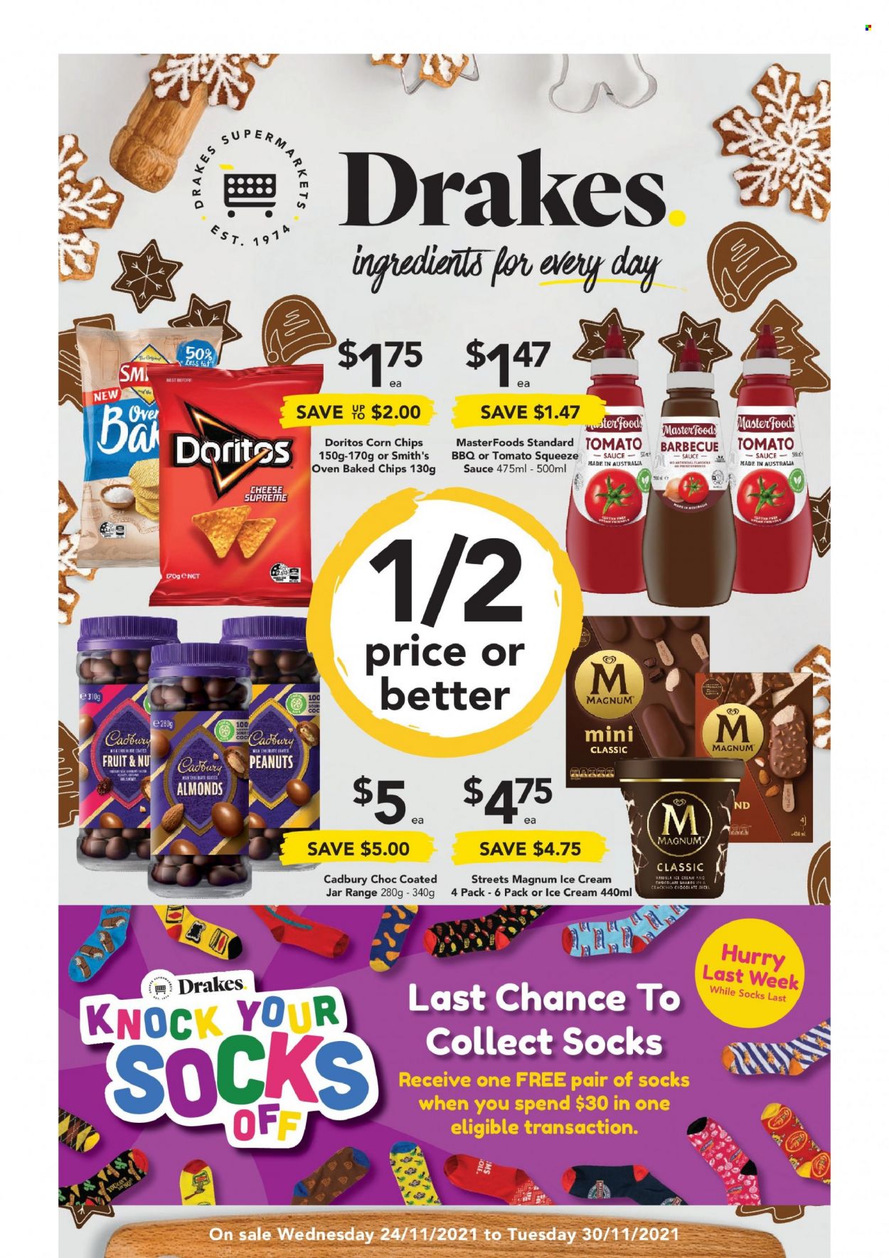 thumbnail - Drakes Catalogue - 24 Nov 2021 - 30 Nov 2021 - Sales products - milk, Magnum, Cadbury, Doritos, chips, Smith's, corn chips, almonds, peanuts, jar. Page 1.