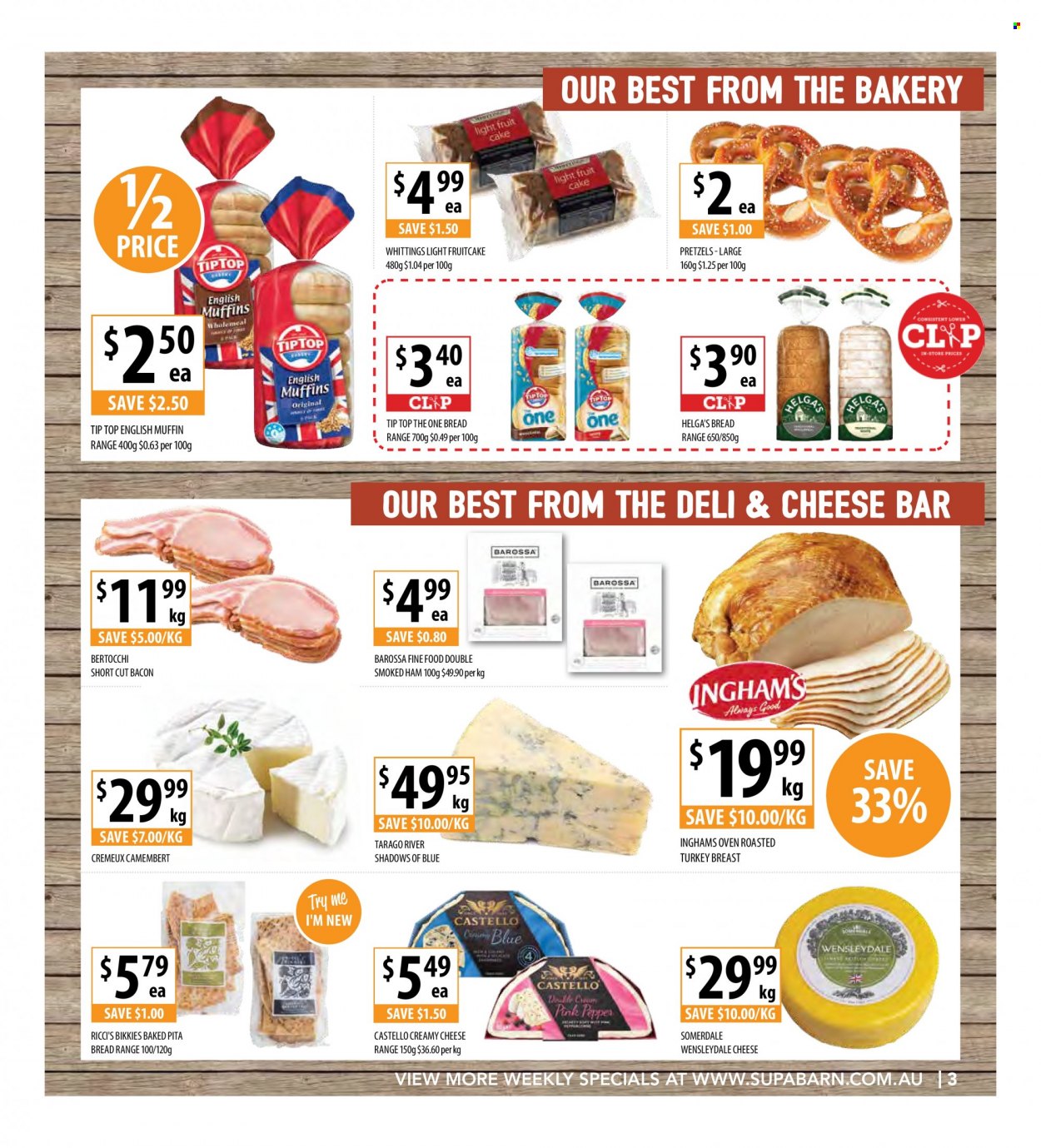 thumbnail - Supabarn Catalogue - 24 Nov 2021 - 30 Nov 2021 - Sales products - bread, english muffins, pita, pretzels, Tip Top, toast bread, bacon, ham, smoked ham, camembert, Wensleydale, cheese, pepper. Page 3.