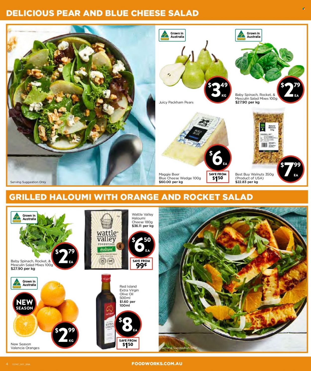 thumbnail - Foodworks Catalogue - 24 Nov 2021 - 30 Nov 2021 - Sales products - spinach, salad, pears, oranges, blue cheese, cheese, extra virgin olive oil, olive oil, oil, walnuts, beer. Page 4.