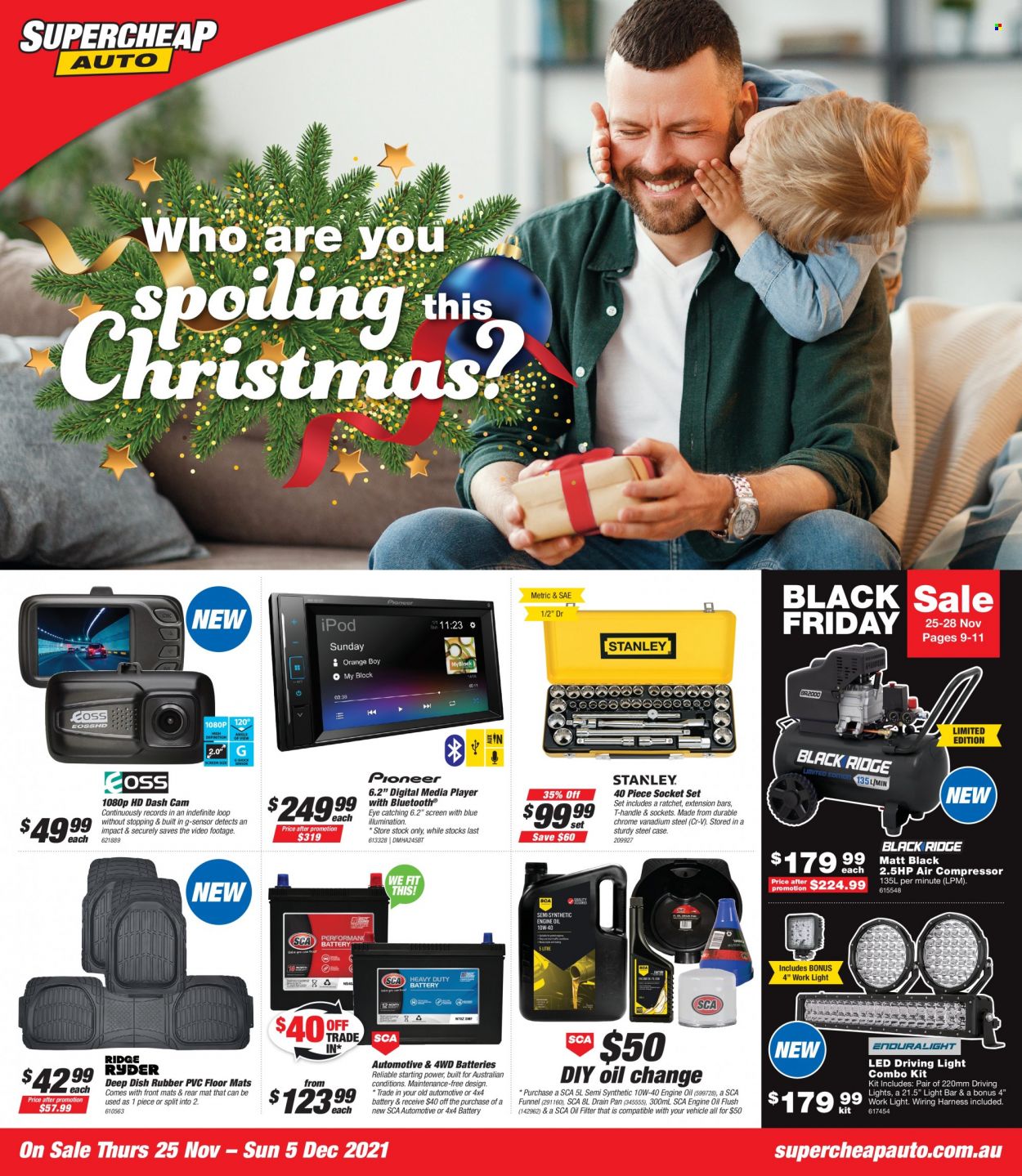 thumbnail - Supercheap Auto Catalogue - 25 Nov 2021 - 5 Dec 2021 - Sales products - dashboard camera, media player, socket set, combo kit, air compressor, work light, oil filter, car battery, automotive batteries, driving lights, wiring harness, motor oil. Page 1.