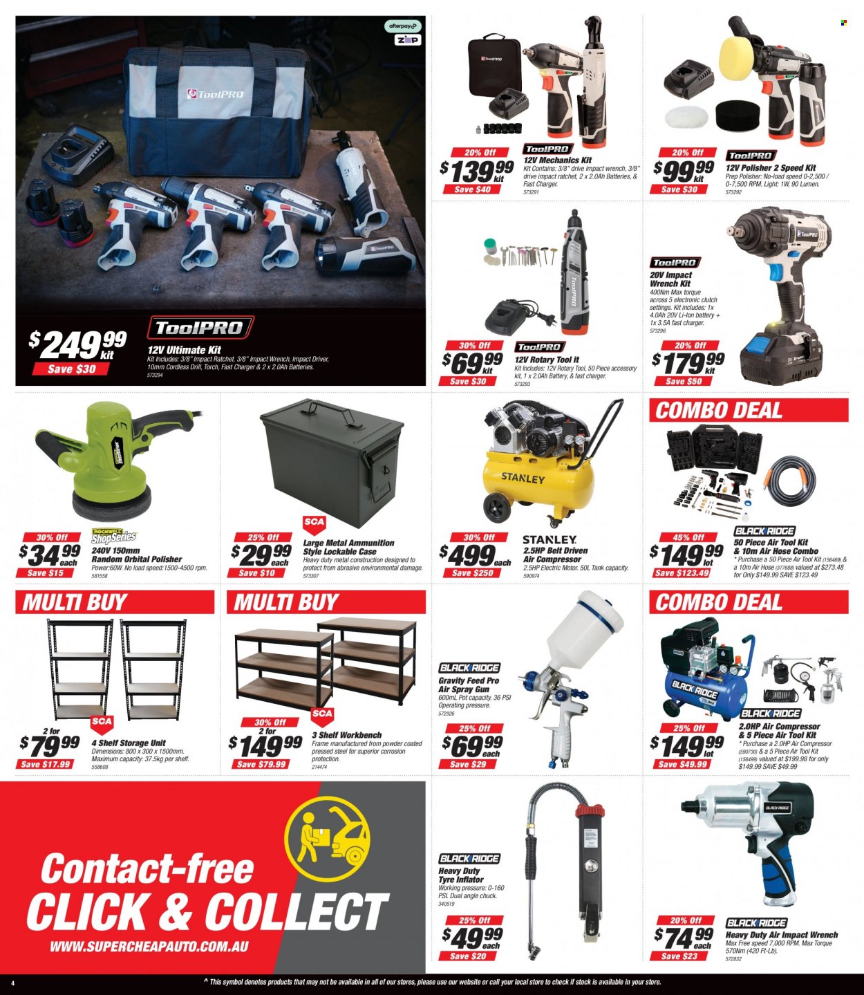 thumbnail - Supercheap Auto Catalogue - 25 Nov 2021 - 5 Dec 2021 - Sales products - belt, impact driver, tool set, air compressor, work bench, air hose, spray gun, tire inflator, torch. Page 4.