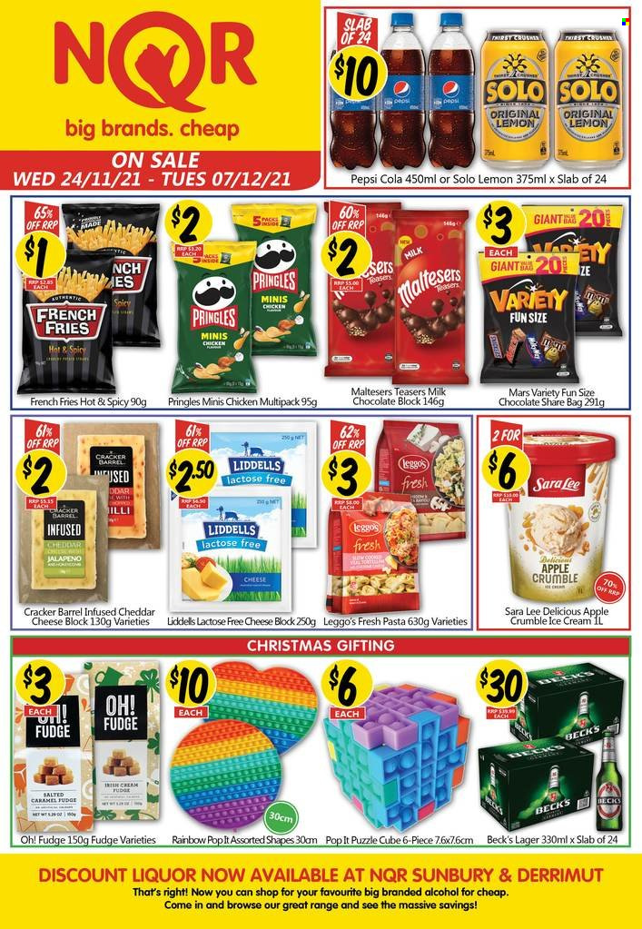 thumbnail - NQR Catalogue - 24 Nov 2021 - 7 Dec 2021 - Sales products - Sara Lee, jalapeño, cheddar, cheese, ice cream, potato fries, french fries, fudge, milk chocolate, Mars, crackers, Maltesers, Pringles, Pepsi, alcohol, liquor, beer, Beck's, Lager, bag. Page 1.