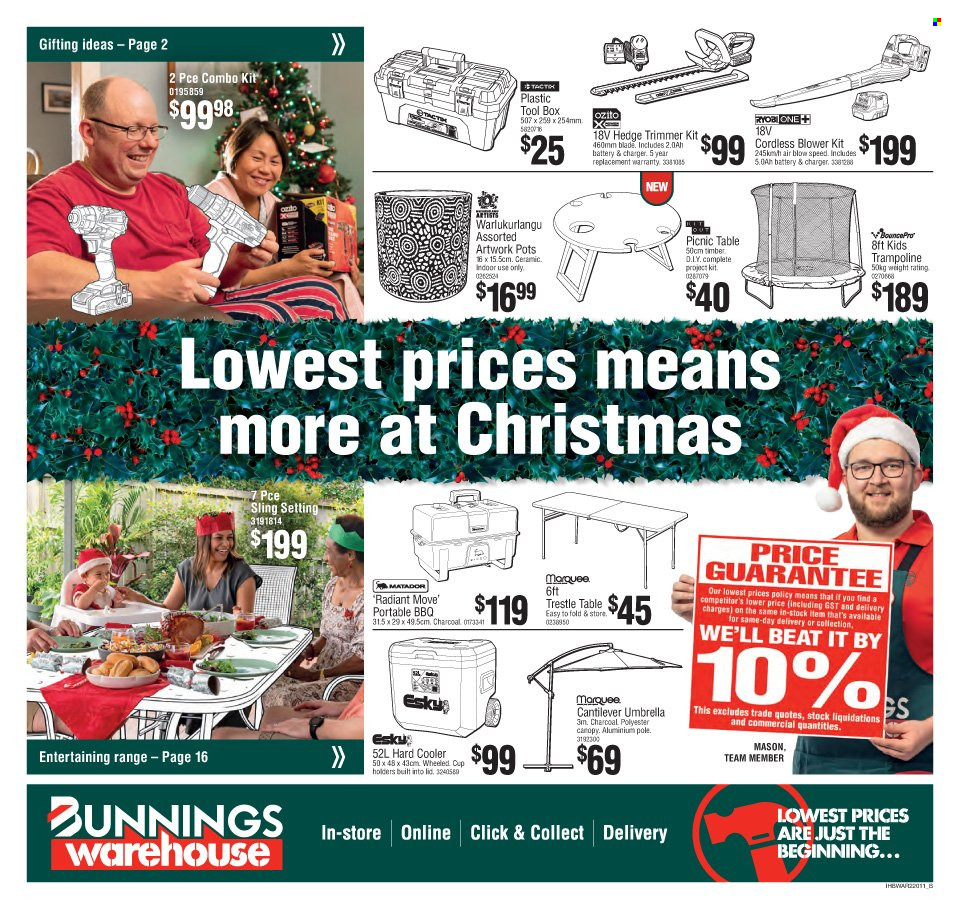 thumbnail - Bunnings Warehouse Catalogue - 24 Nov 2021 - 24 Dec 2021 - Sales products - table, picnic table, pot, trimmer, charcoal, hedge trimmer, tool box, combo kit, blower, umbrella, portable barbecue. Page 1.