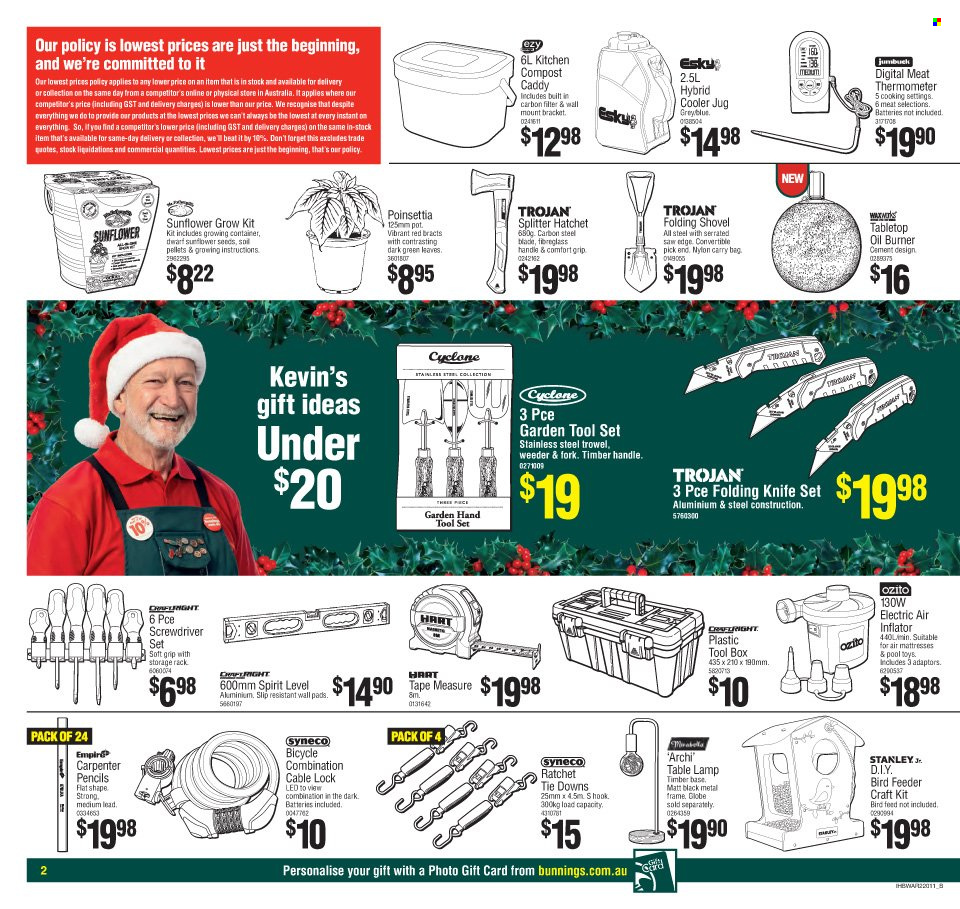 thumbnail - Bunnings Warehouse Catalogue - 24 Nov 2021 - 24 Dec 2021 - Sales products - mattress, container, metal frame, fork, knife, thermometer, pot, pencil, craft supplies, bird feeder, wall mount bracket, lamp, Stanley, table lamp, screwdriver, saw, shovel, tool box, tool set, gardening tools, measuring tape, pool, sunflower, poinsettia, compost. Page 2.