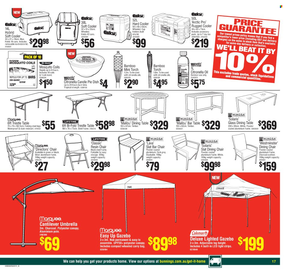thumbnail - Bunnings Warehouse Catalogue - 24 Nov 2021 - 24 Dec 2021 - Sales products - dining table, table, dining chair, chair, coctail table, cushion, lid, cup, candle, chair pad, LED light, aluminium frame, gazebo, umbrella. Page 17.