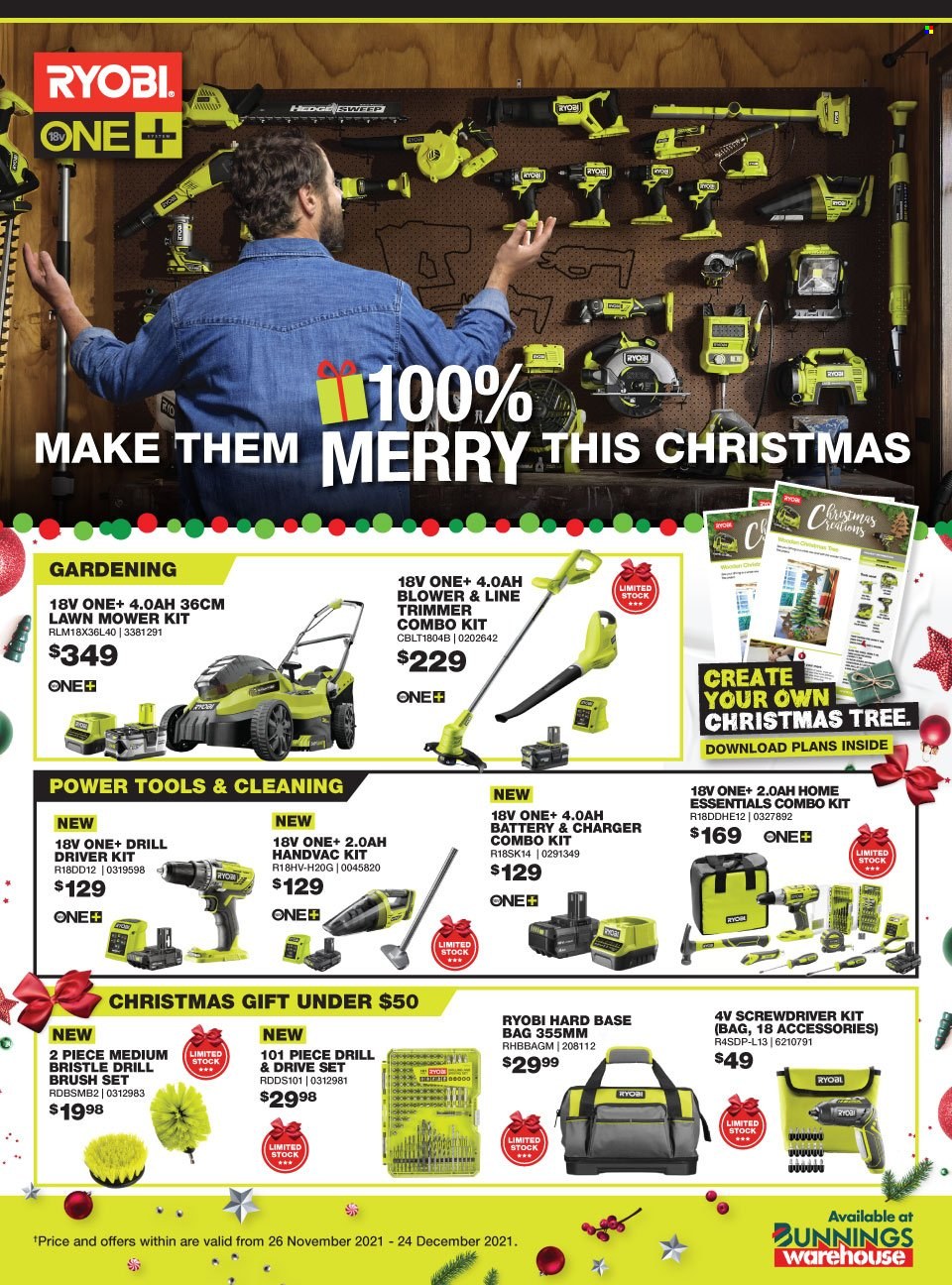 thumbnail - Bunnings Warehouse Catalogue - 26 Nov 2021 - 24 Dec 2021 - Sales products - christmas tree, battery, trimmer, brush set, screwdriver, power tools, drill driver kit, Ryobi, lawn mower, combo kit, blower, brush. Page 1.