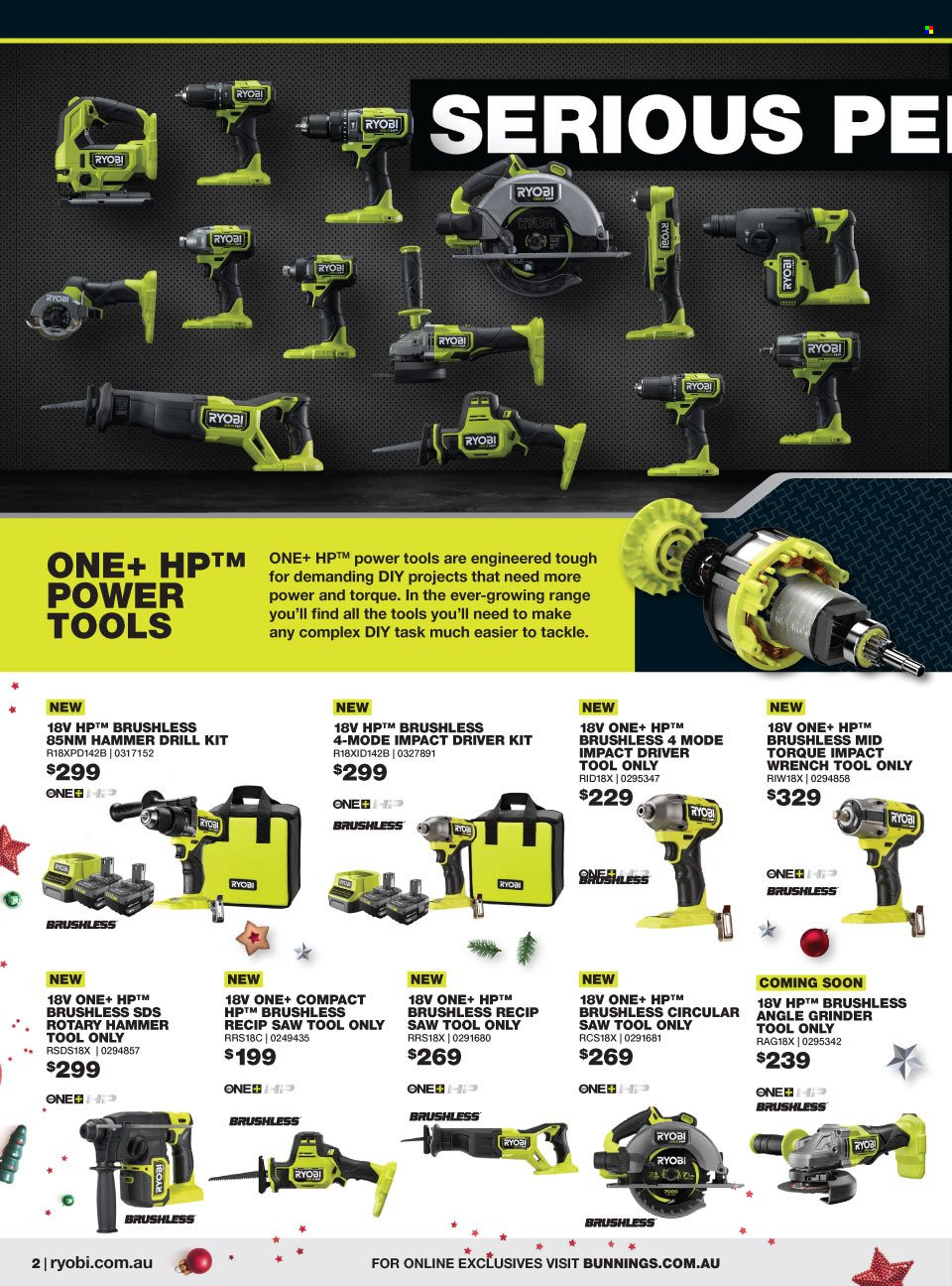 thumbnail - Bunnings Warehouse Catalogue - 26 Nov 2021 - 24 Dec 2021 - Sales products - grinder, drill, impact driver, power tools, Ryobi, circular saw, saw, angle grinder. Page 2.