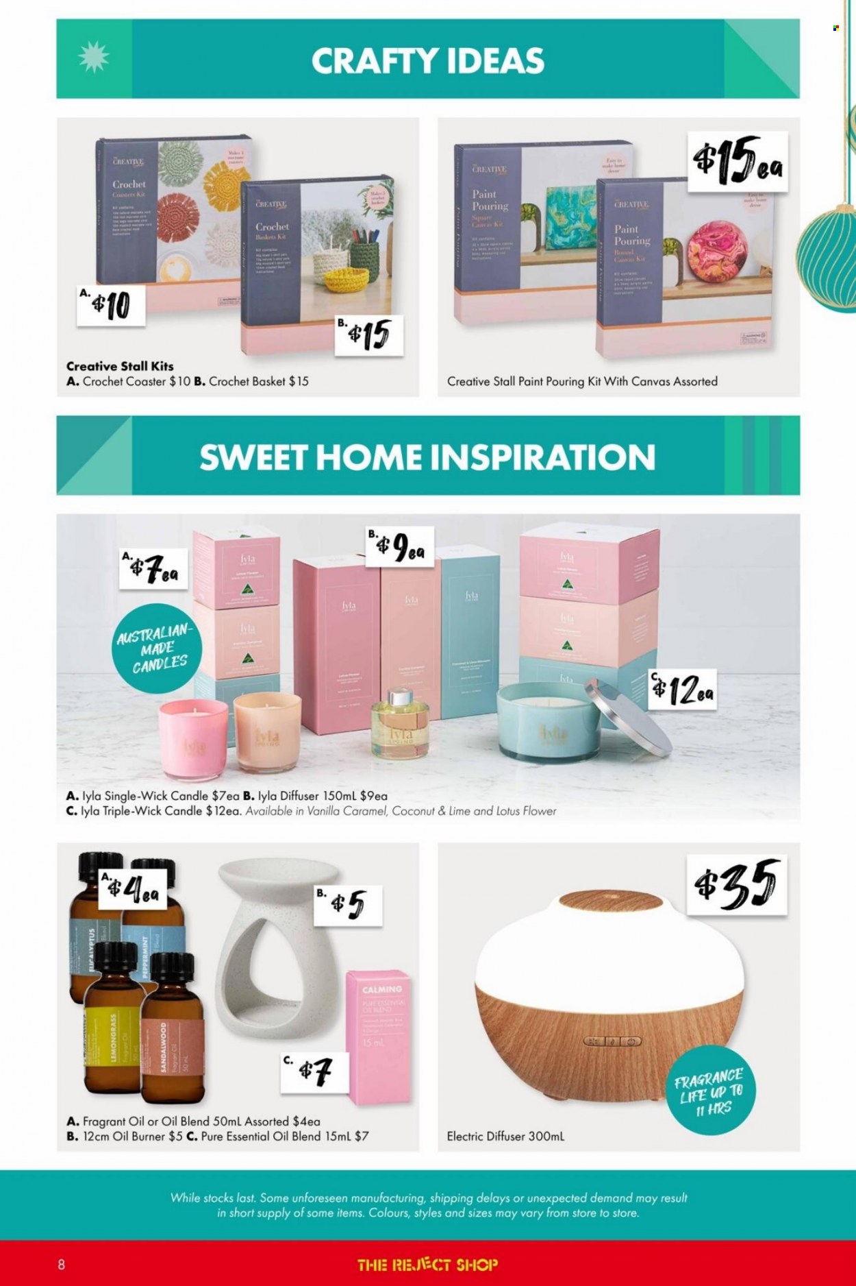 thumbnail - The Reject Shop Catalogue - 25 Nov 2021 - 19 Dec 2021 - Sales products - caramel, fragrance, Lotus, canvas, candle, diffuser. Page 8.