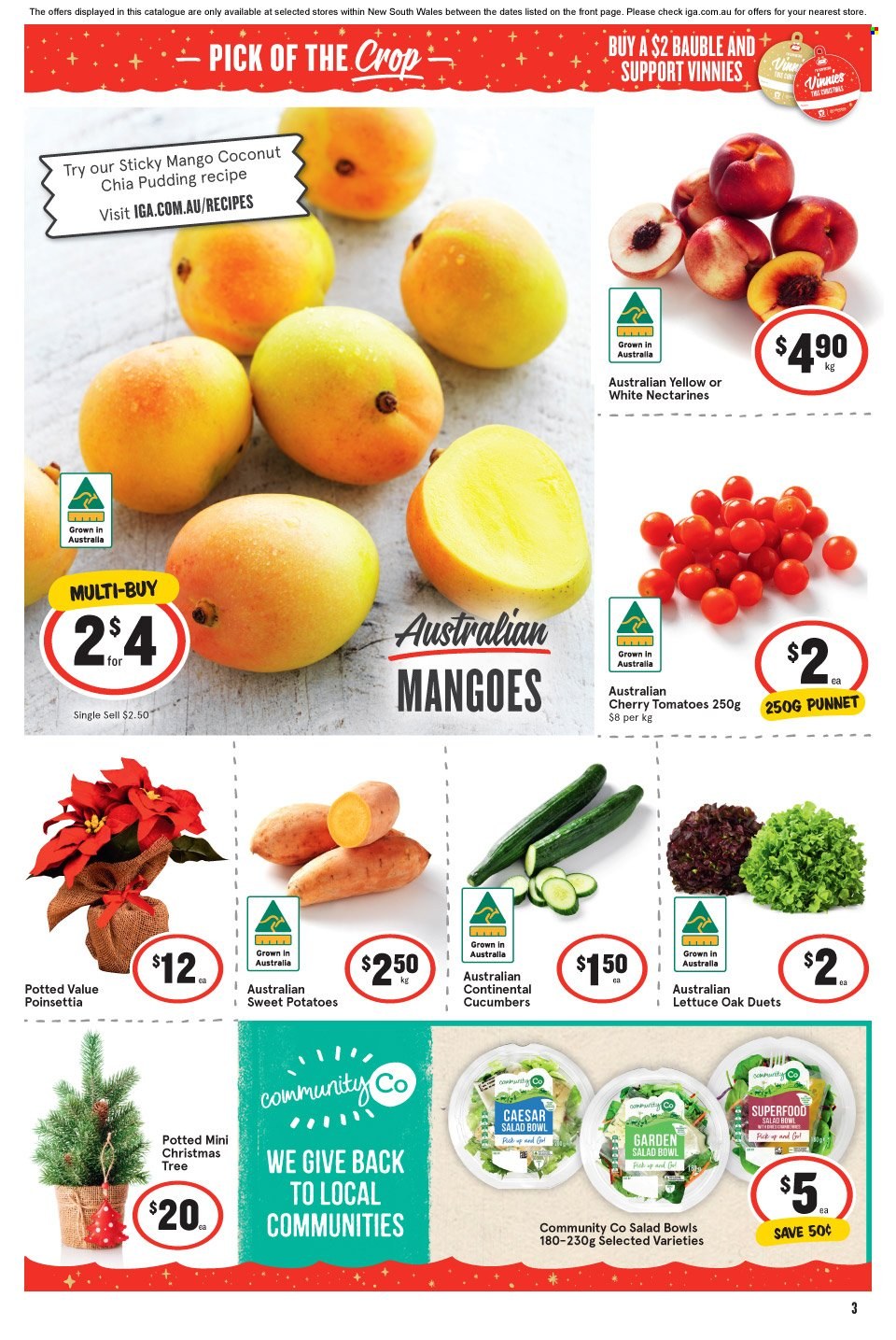 thumbnail - IGA Catalogue - 1 Dec 2021 - 7 Dec 2021 - Sales products - sweet potato, potatoes, tomatoes, mango, nectarines, cherries, coconut, Continental, pudding, salad bowl, bowl, bauble. Page 3.