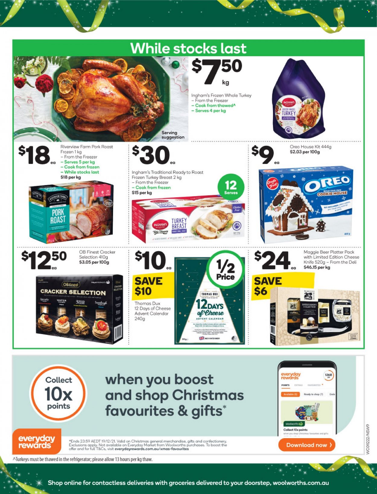 thumbnail - Woolworths Catalogue - 1 Dec 2021 - 7 Dec 2021 - Sales products - cheese, cheese advent calendar, advent calendar, Oreo, wafers, crackers, Boost, beer, whole turkey, pork meat, pork roast, knife, calendar, t-shirt. Page 9.