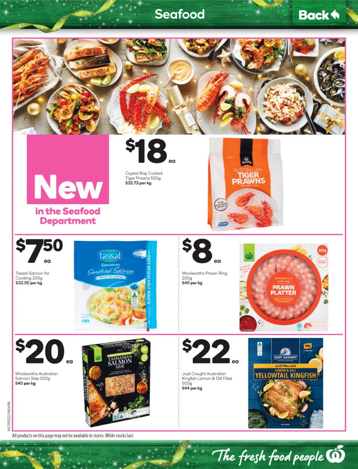 thumbnail - Woolworths Catalogue - 1 Dec 2021 - 7 Dec 2021 - Sales products - salmon, smoked salmon, seafood, prawns, king fish, yellowtail, dill. Page 18.