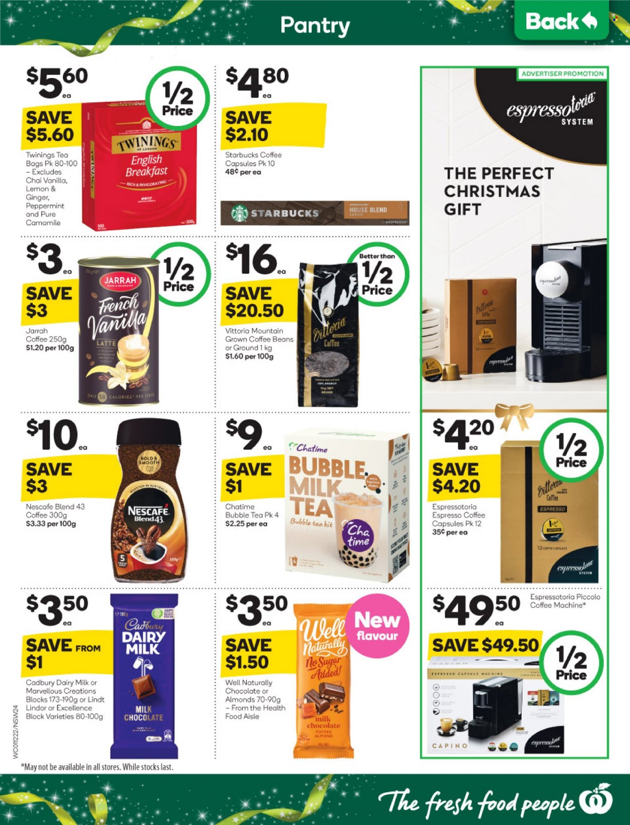 thumbnail - Woolworths Catalogue - 1 Dec 2021 - 7 Dec 2021 - Sales products - ginger, milk chocolate, chocolate, Lindt, Lindor, toffee, Cadbury, Dairy Milk, sugar, almonds, tea bags, Twinings, bubble tea, coffee beans, Nescafé, espressotoria capsules, coffee capsules, Starbucks, coffee machine. Page 24.