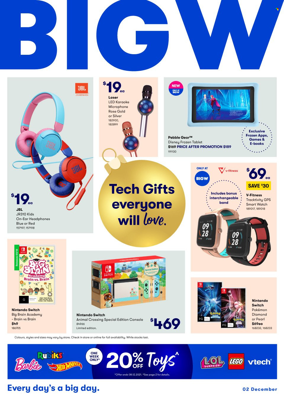thumbnail - BIG W Catalogue - Sales products - Nintendo Switch, tablet, Disney, Pokémon, book, smart watch, JBL, microphone, headphones, LEGO, Vtech, toys. Page 1.