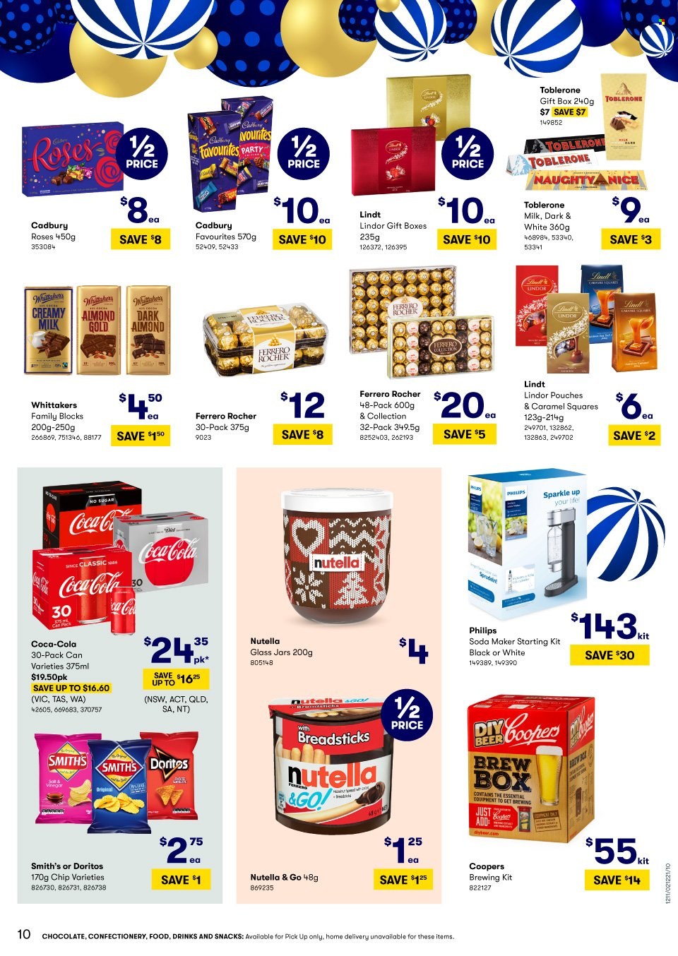 thumbnail - BIG W Catalogue - Sales products - Philips, Nutella, chocolate, Lindt, Lindor, Ferrero Rocher, Toblerone, Cadbury, Cadbury Roses, bread sticks, Doritos, Smith's, Coca-Cola, jar, gift box. Page 10.