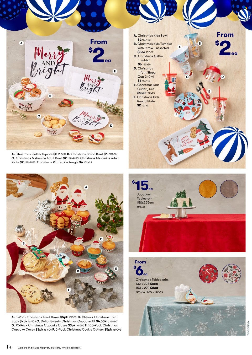 thumbnail - BIG W Catalogue - Sales products - Santa, bag, tumbler, plate, cutlery set, cup, salad bowl, straw, bowl, glitter, tablecloth. Page 14.