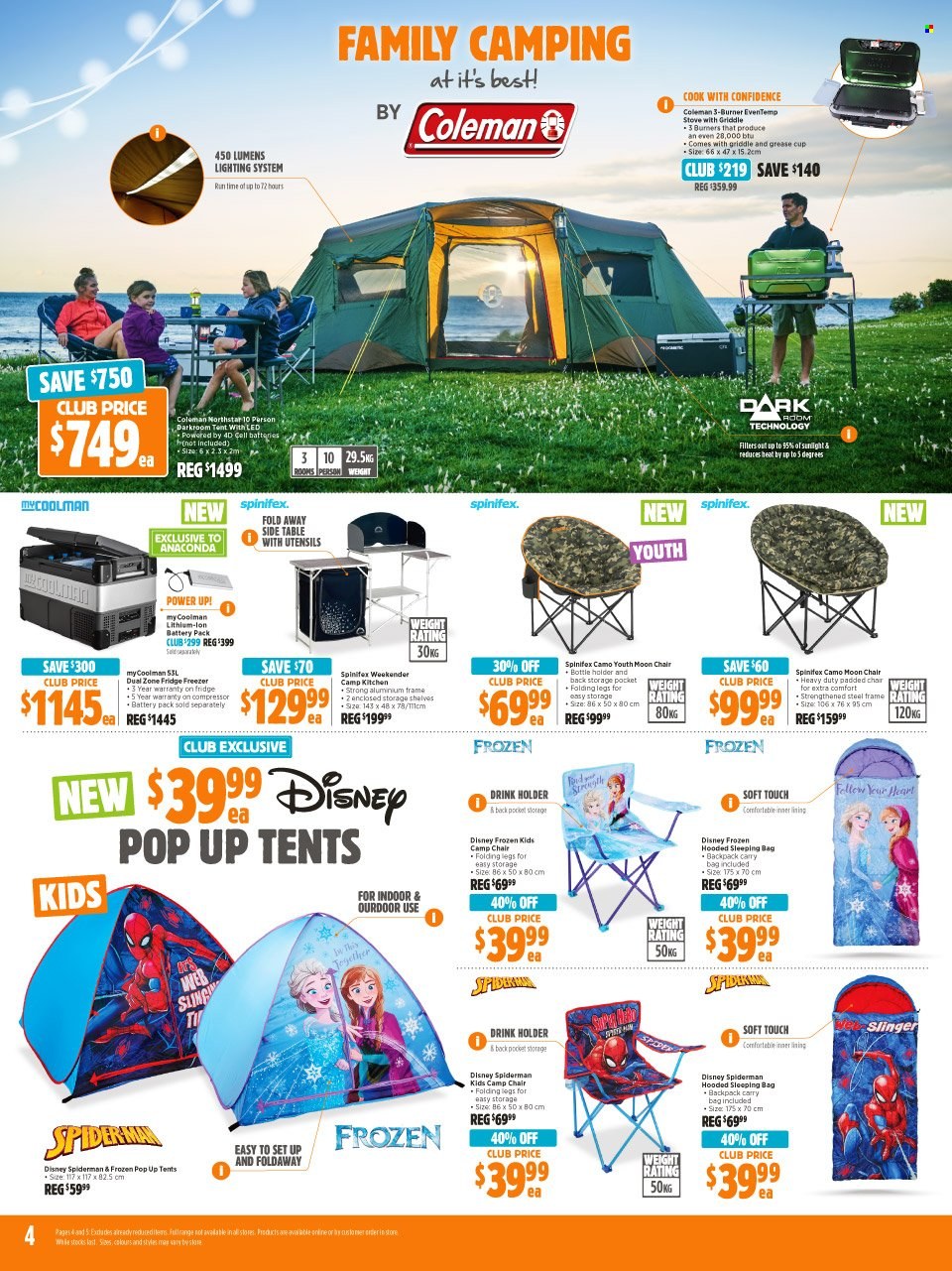thumbnail - Anaconda Catalogue - 30 Nov 2021 - 24 Dec 2021 - Sales products - Coleman, Disney, utensils, cup, Spiderman, table, chair, sidetable, sleeping bag, tent, drink holder, lighting, air compressor. Page 4.