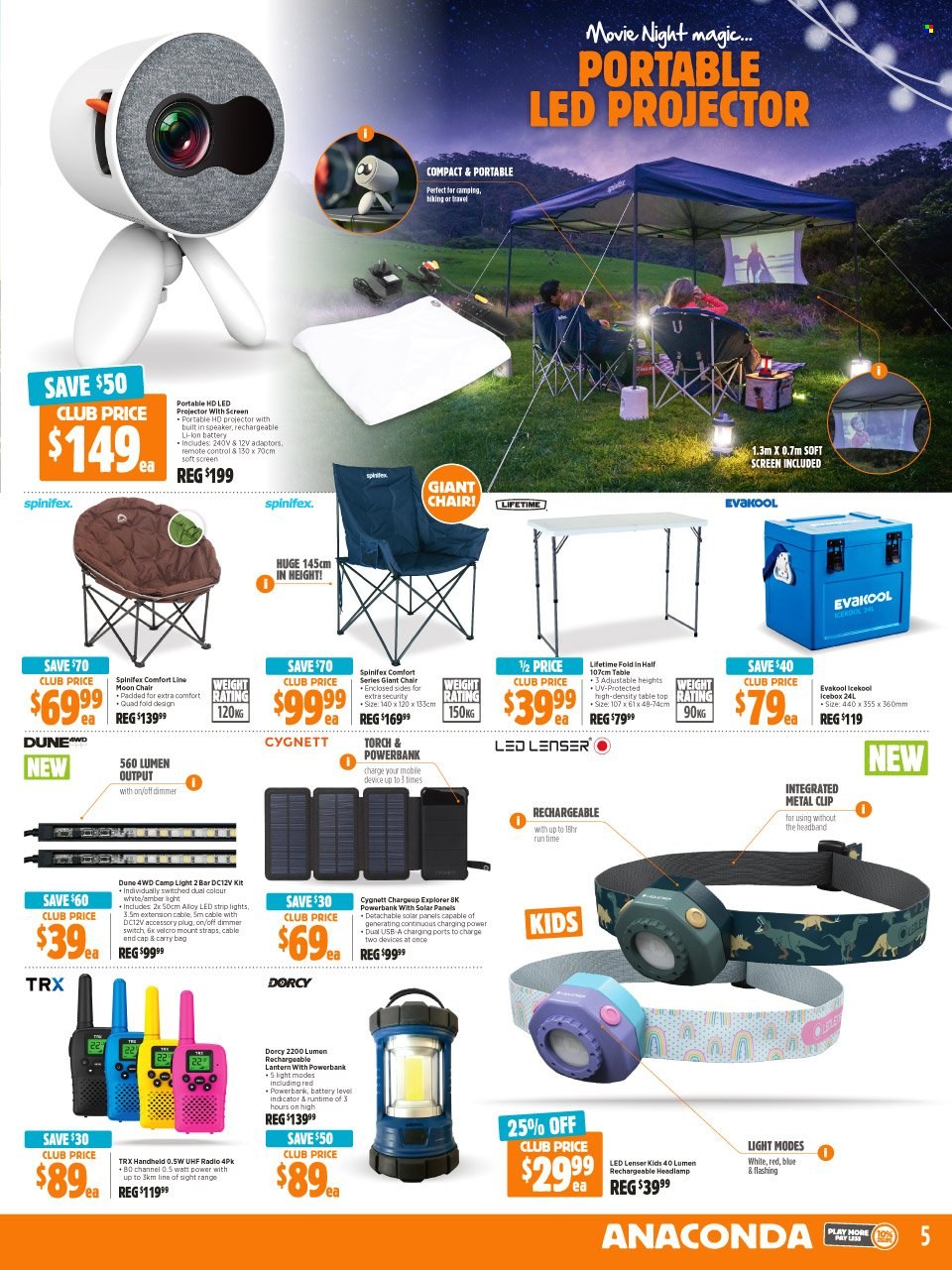 thumbnail - Anaconda Catalogue - 30 Nov 2021 - 24 Dec 2021 - Sales products - radio, projector, speaker, remote control, table, chair, carry bag, torch, headlamp, lantern, LED strip, solar panel. Page 5.