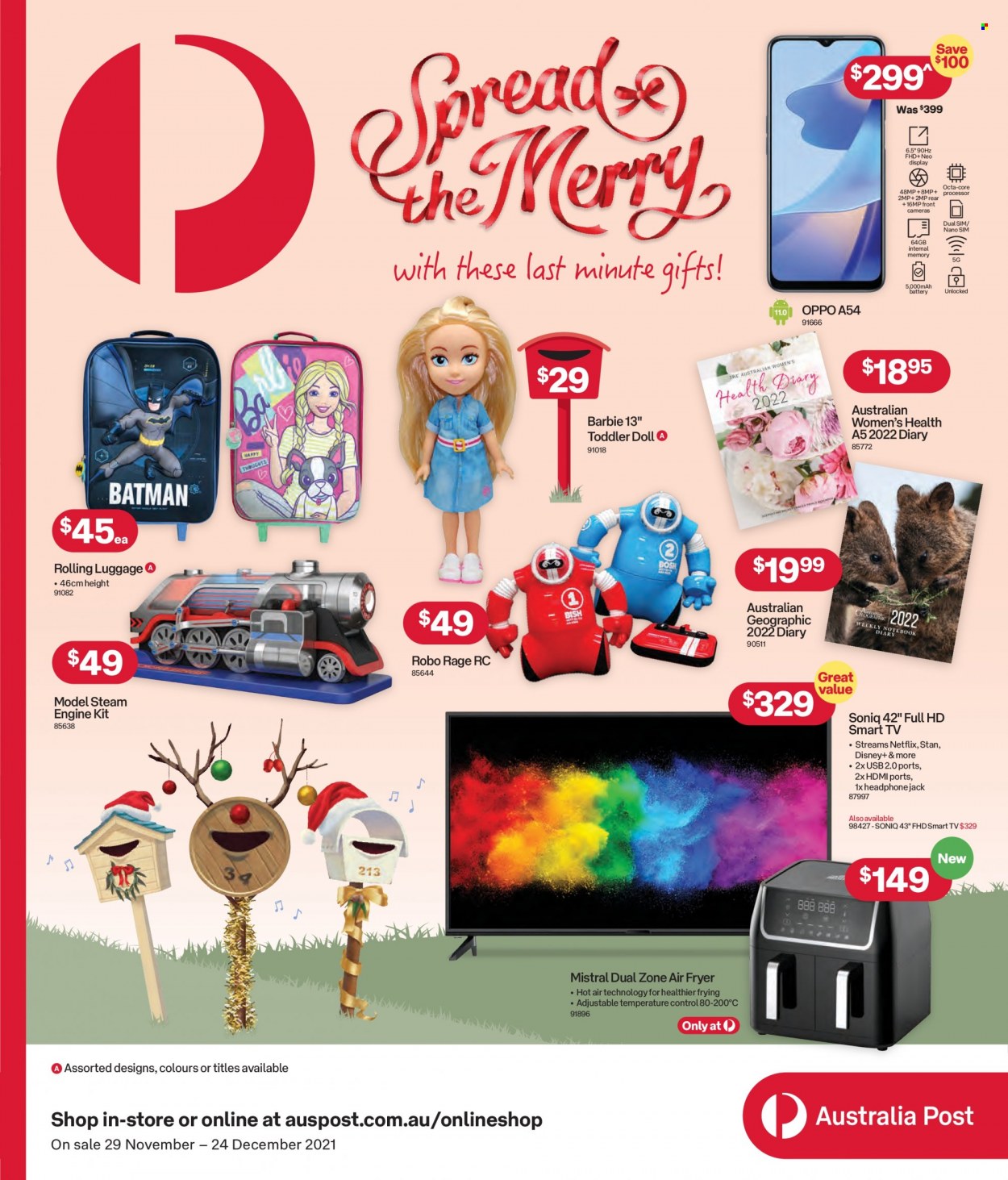 thumbnail - Australia Post Catalogue - 29 Nov 2021 - 24 Dec 2021 - Sales products - Barbie, Disney, diary, Batman, Oppo, camera, smart tv, TV, headphones, air fryer, doll. Page 1.