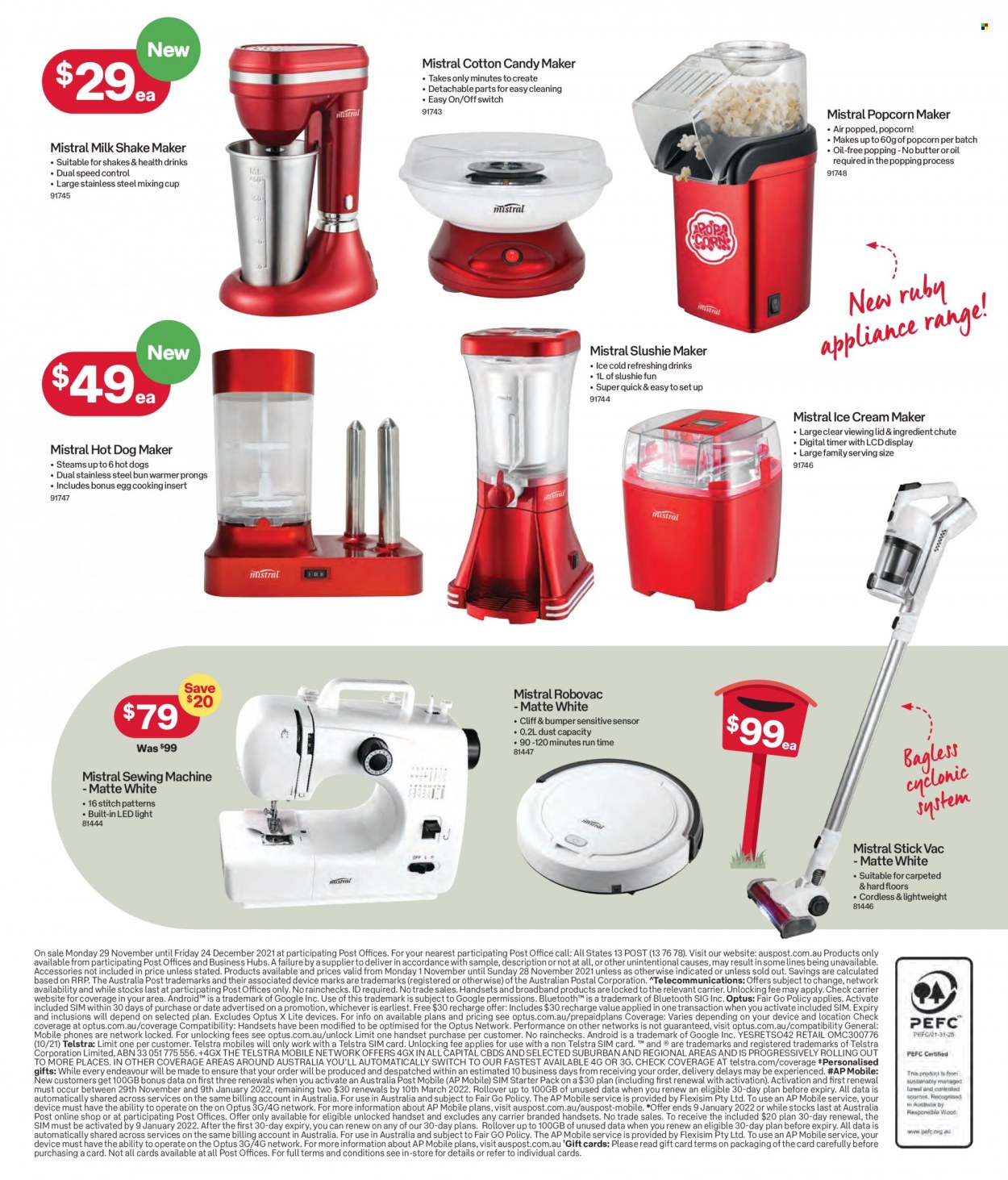 thumbnail - Australia Post Catalogue - 29 Nov 2021 - 24 Dec 2021 - Sales products - lid, cup, Optus, SIM card, sewing machine, ice cream machine, LED light. Page 13.