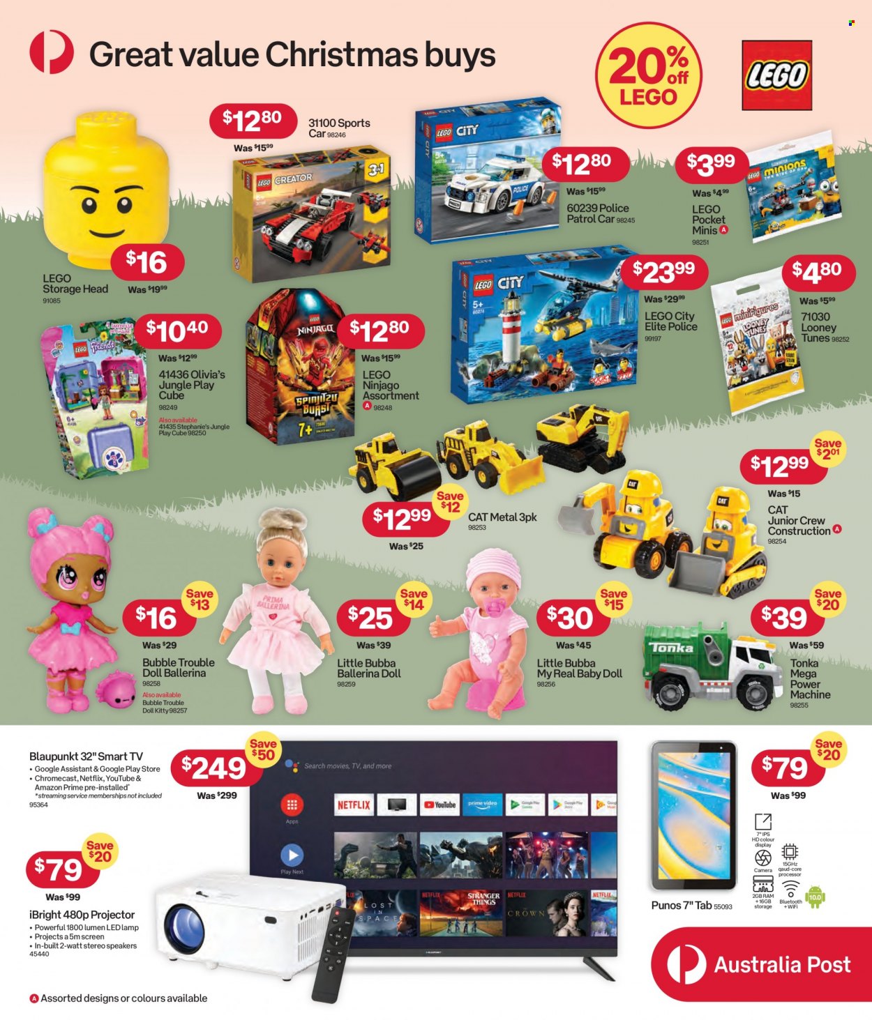 thumbnail - Australia Post Catalogue - 29 Nov 2021 - 24 Dec 2021 - Sales products - camera, smart tv, TV, projector, speaker, Google Chromecast, doll, LEGO, LEGO City, LEGO Creator, Ninjago, lamp. Page 16.