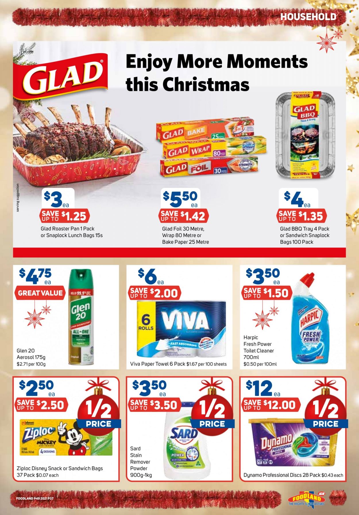 thumbnail - Foodland Catalogue - 1 Dec 2021 - 7 Dec 2021 - Sales products - Disney, Mickey Mouse, snack, paper towels, cleaner, toilet cleaner, Harpic, Ziploc, bag, Moments. Page 37.