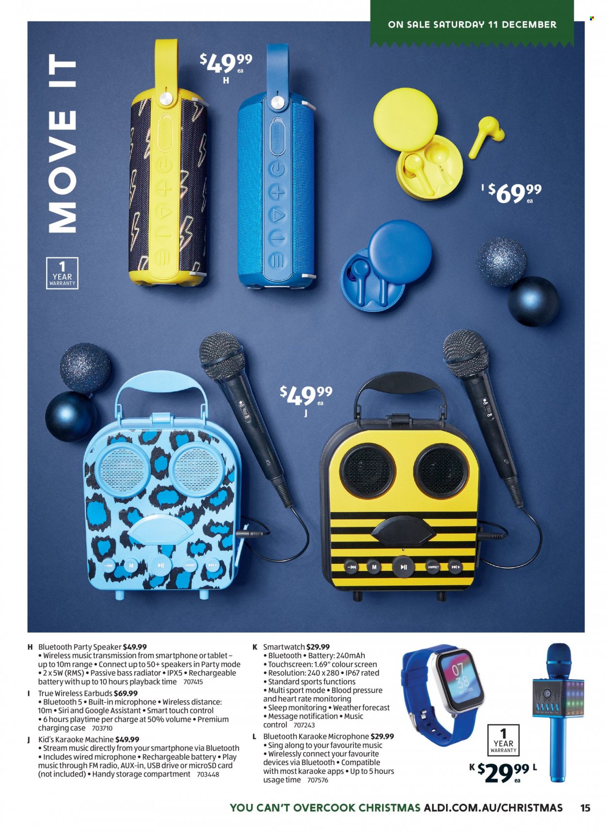 thumbnail - ALDI Catalogue - 8 Dec 2021 - 14 Dec 2021 - Sales products - rechargeable battery, smart watch, radio, speaker, earbuds. Page 15.
