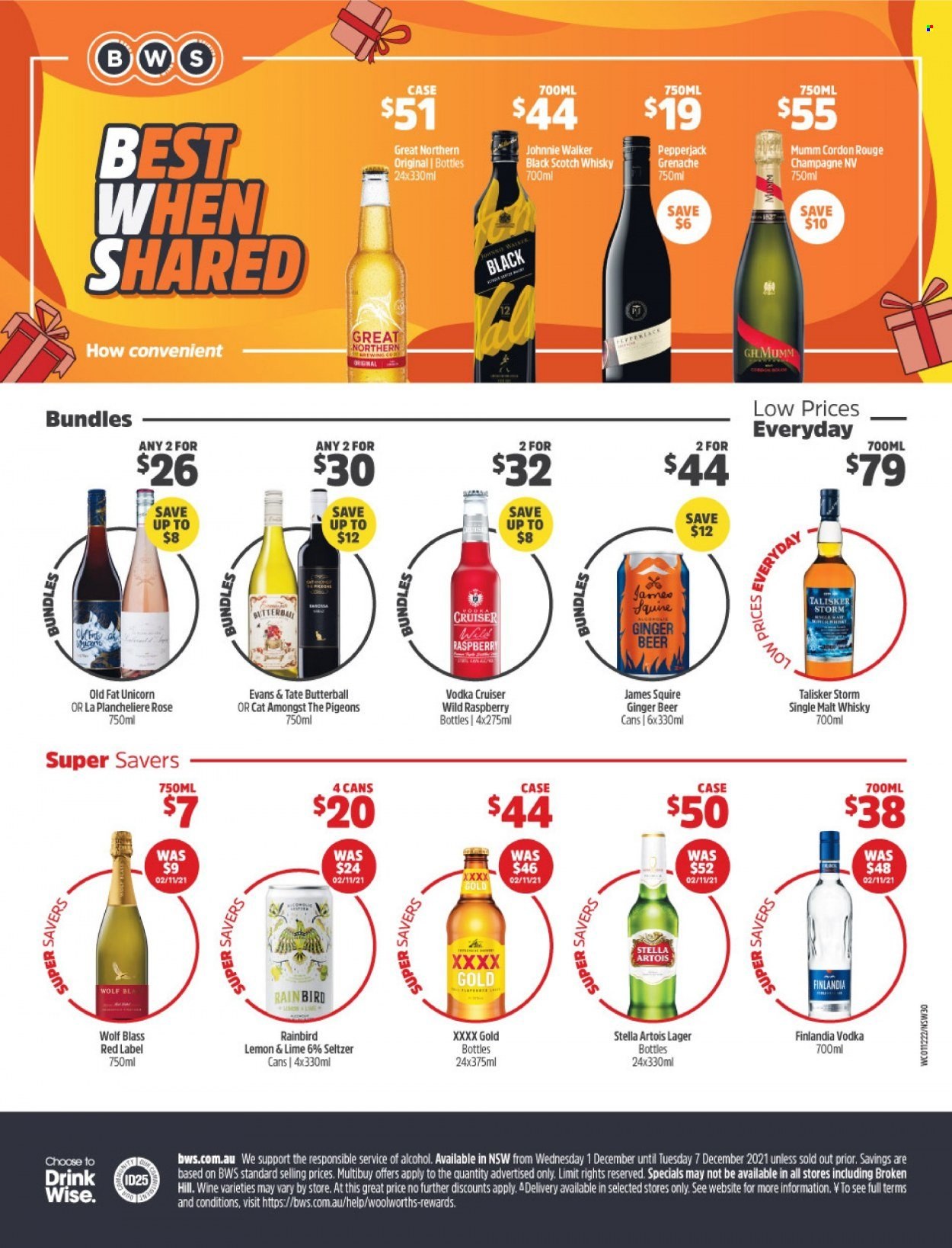 thumbnail - BWS Catalogue - 1 Dec 2021 - 7 Dec 2021 - Sales products - seltzer water, red wine, champagne, wine, Mumm Cordon Rouge, Grenache, rosé wine, vodka, Johnnie Walker, scotch whisky, whisky, Vodka Cruiser, beer, Lager, Stella Artois, ginger beer. Page 1.