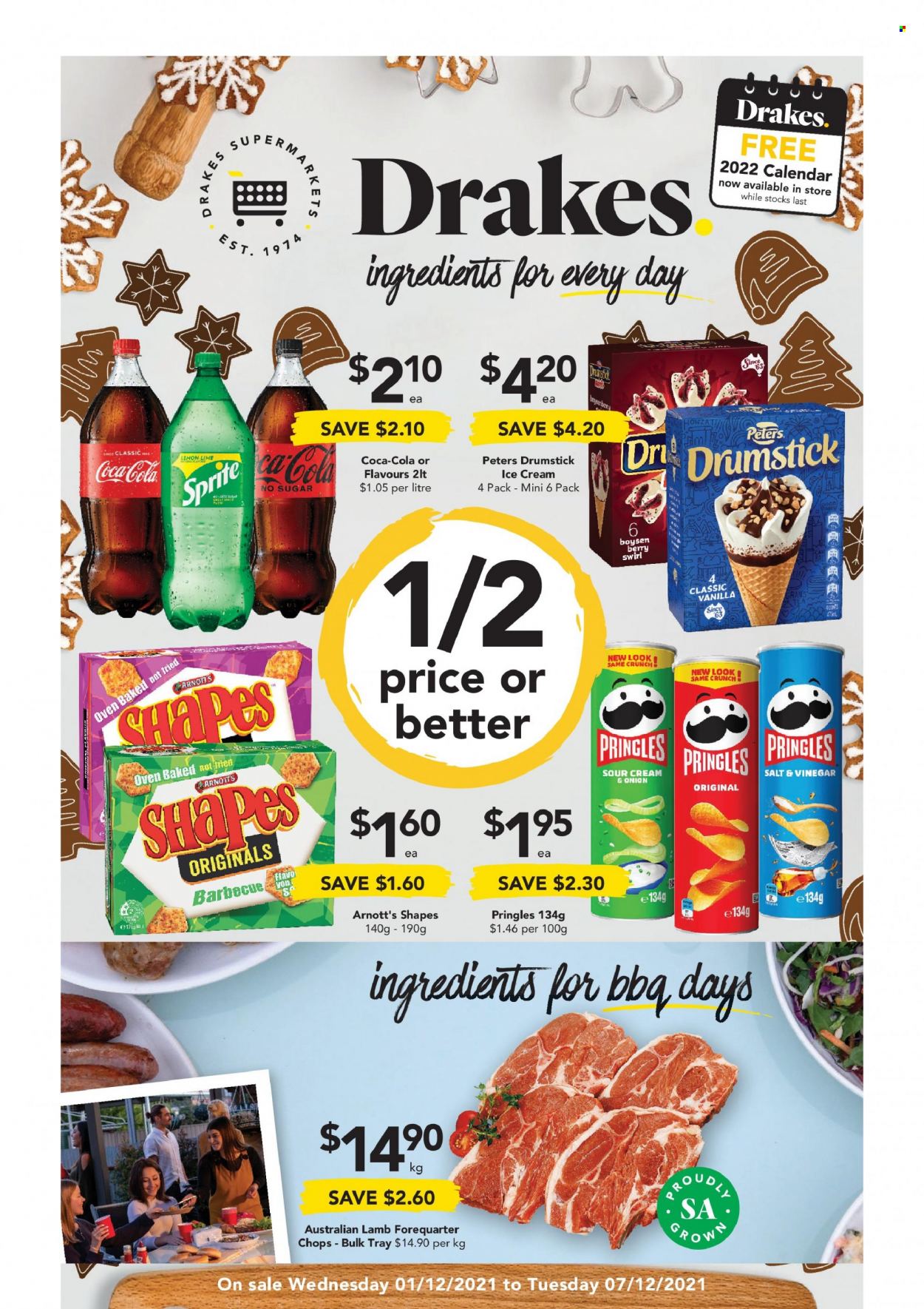 thumbnail - Drakes Catalogue - 1 Dec 2021 - 7 Dec 2021 - Sales products - ice cream, Pringles, vinegar, Coca-Cola, Sprite, tray, calendar. Page 1.