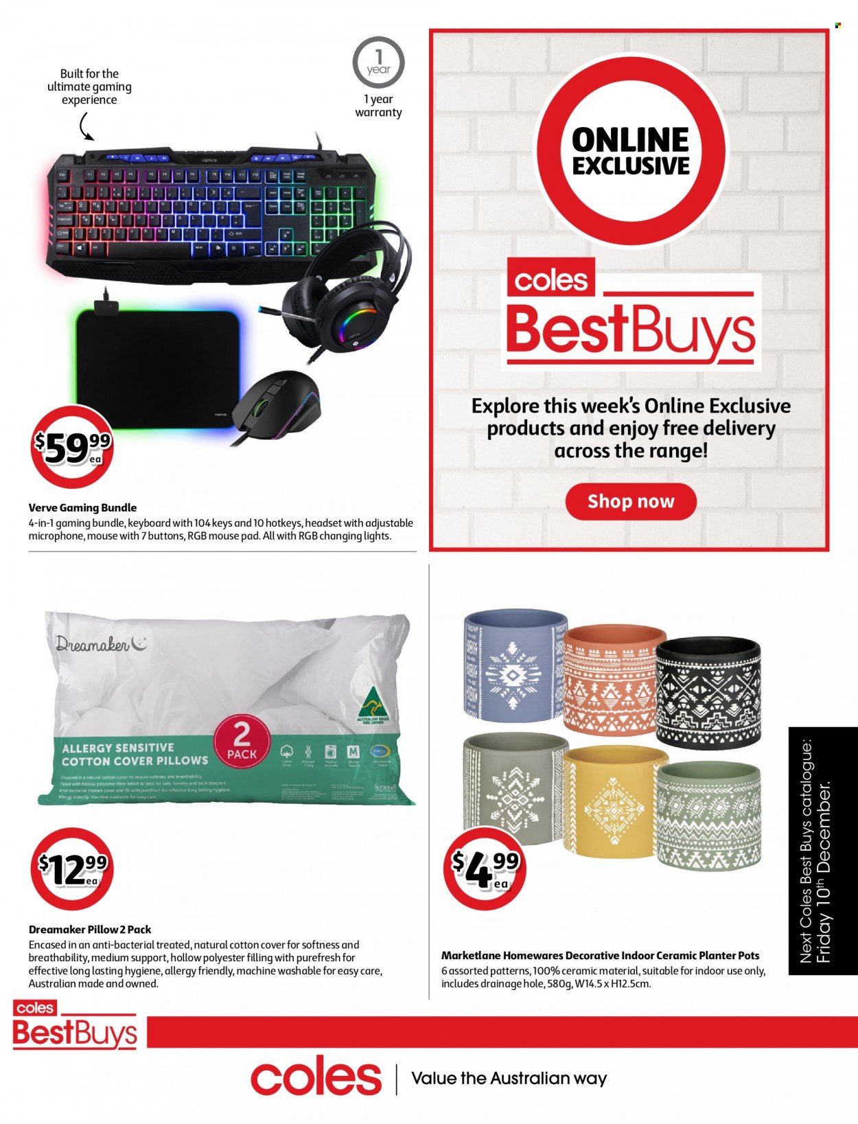 thumbnail - Coles Catalogue - 3 Dec 2021 - 9 Dec 2021 - Sales products - pot, keyboard, pillow, mouse, microphone, headset. Page 4.