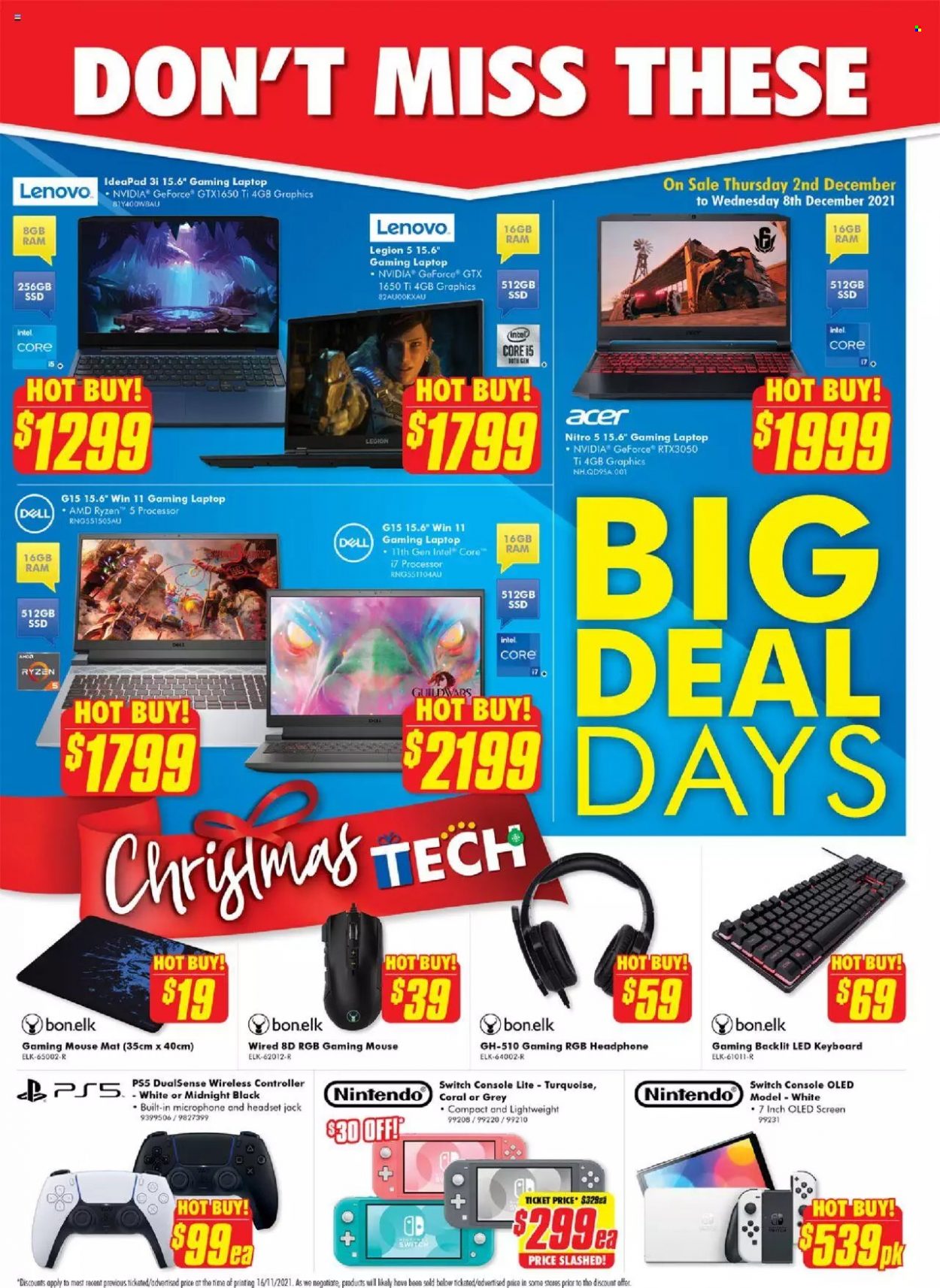 thumbnail - The Good Guys Catalogue - 2 Dec 2021 - 8 Dec 2021 - Sales products - gaming mouse, wireless controller, Dell, Intel, Acer, Lenovo, laptop, gaming laptop, mouse, keyboard, PlayStation, PlayStation 5, headphones, headset, switch. Page 2.