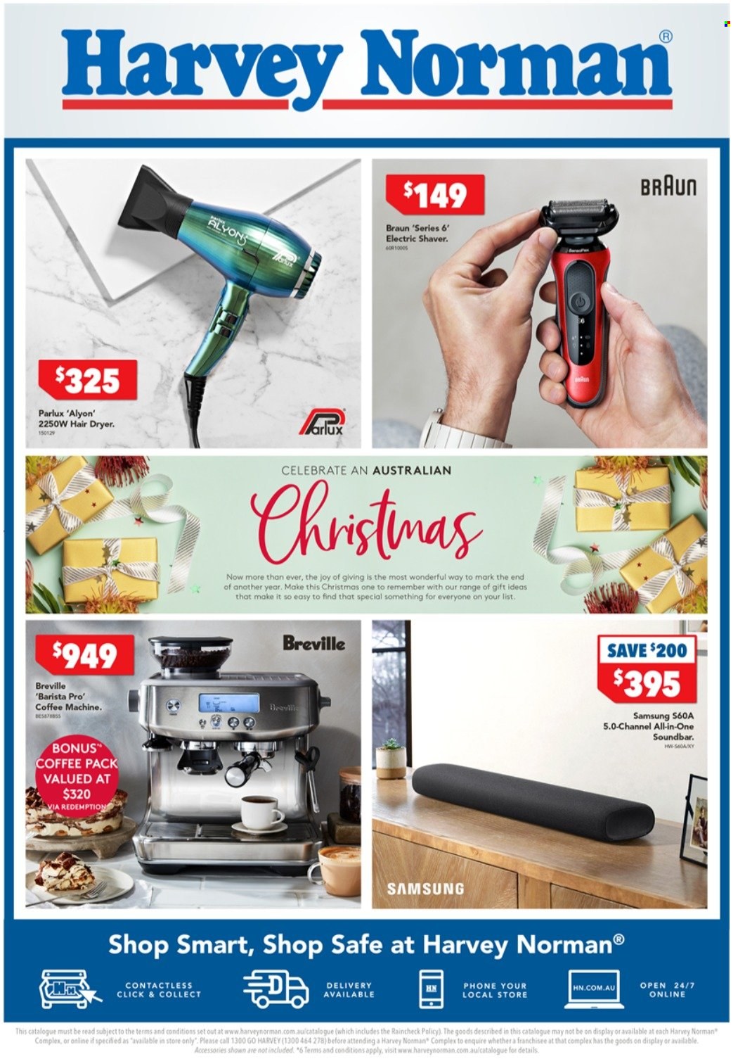 thumbnail - Harvey Norman Catalogue - 2 Dec 2021 - 14 Dec 2021 - Sales products - Samsung, phone, sound bar, Braun, coffee machine, shaver, hair dryer. Page 1.