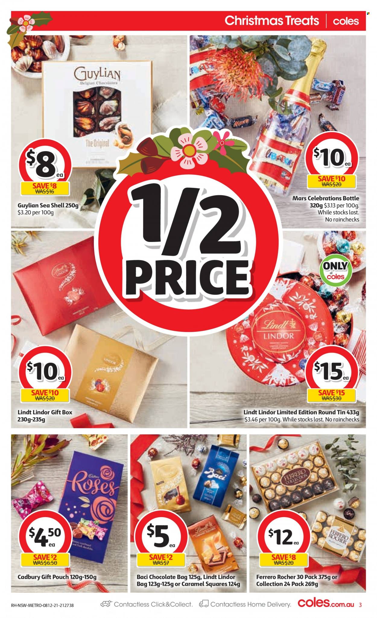 thumbnail - Coles Catalogue - 8 Dec 2021 - 14 Dec 2021 - Sales products - chocolate, Lindt, Lindor, Ferrero Rocher, Mars, Celebration, Cadbury, gift box, rose. Page 3.