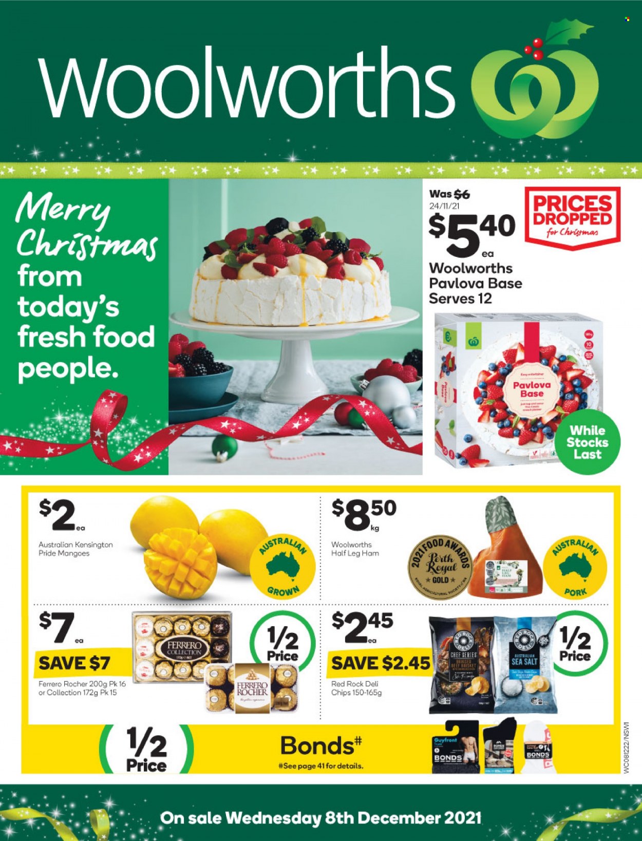 thumbnail - Woolworths Catalogue - 8 Dec 2021 - 14 Dec 2021 - Sales products - mango, ham, leg ham, Ferrero Rocher, chips, Bonds. Page 1.