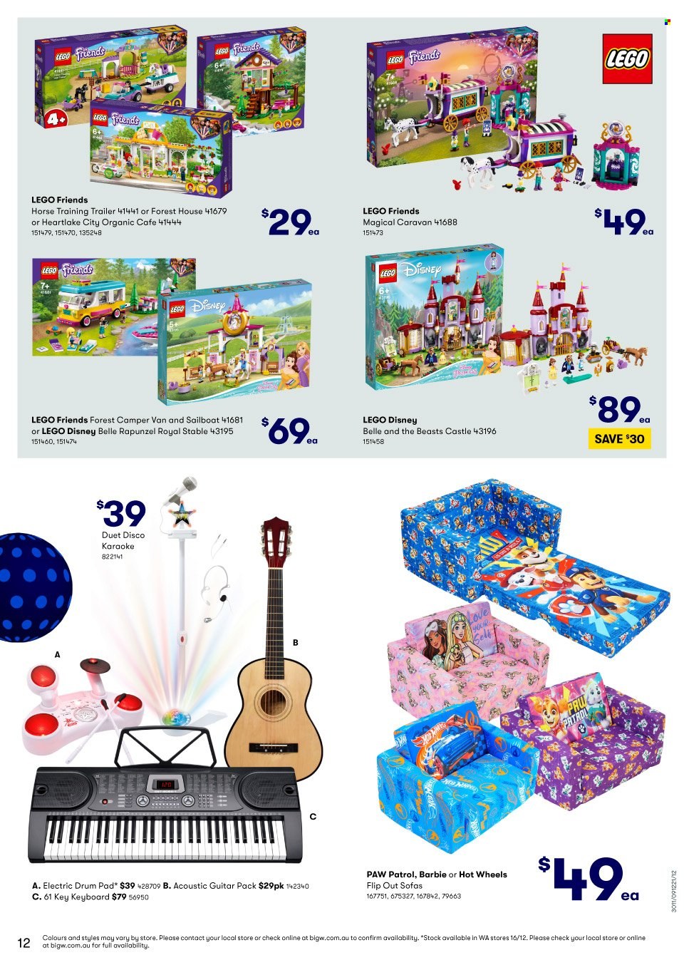 thumbnail - BIG W Catalogue - Sales products - Paw Patrol, Disney, Hot Wheels, Barbie, keyboard, guitar, LEGO, LEGO Friends, trailer. Page 12.