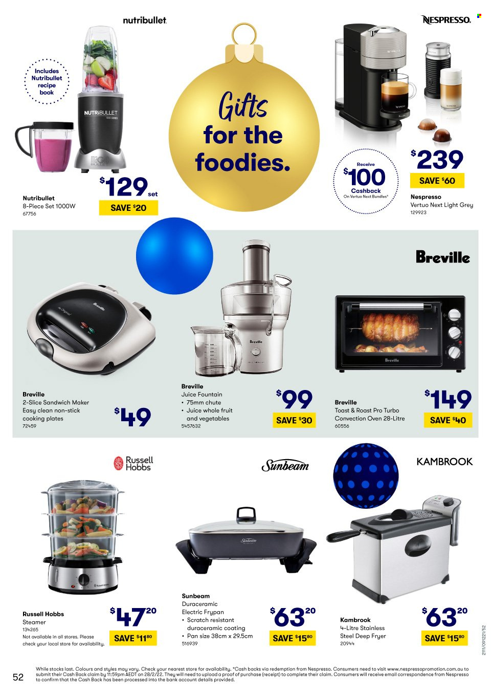 thumbnail - BIG W Catalogue - Sales products - plate, pan, frying pan, book, Sunbeam, oven, convection oven, Nespresso, Kambrook, deep fryer, NutriBullet, Russell Hobbs, electric frypan, sandwich maker. Page 52.