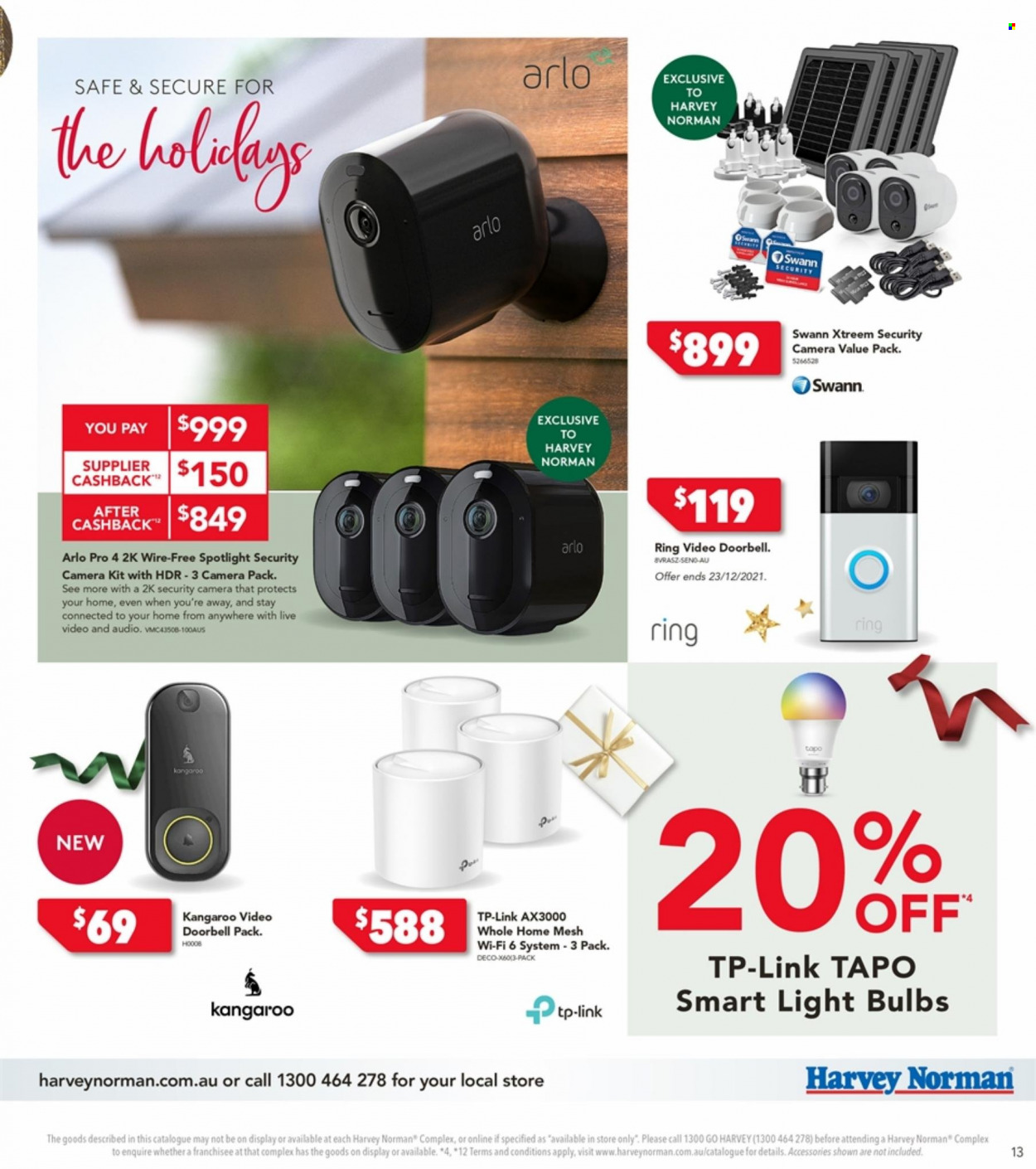 thumbnail - Harvey Norman Catalogue - 6 Dec 2021 - 24 Dec 2021 - Sales products - bulb, light bulb, spotlight, doorbell, tp-link, security camera, video doorbell, camera. Page 13.