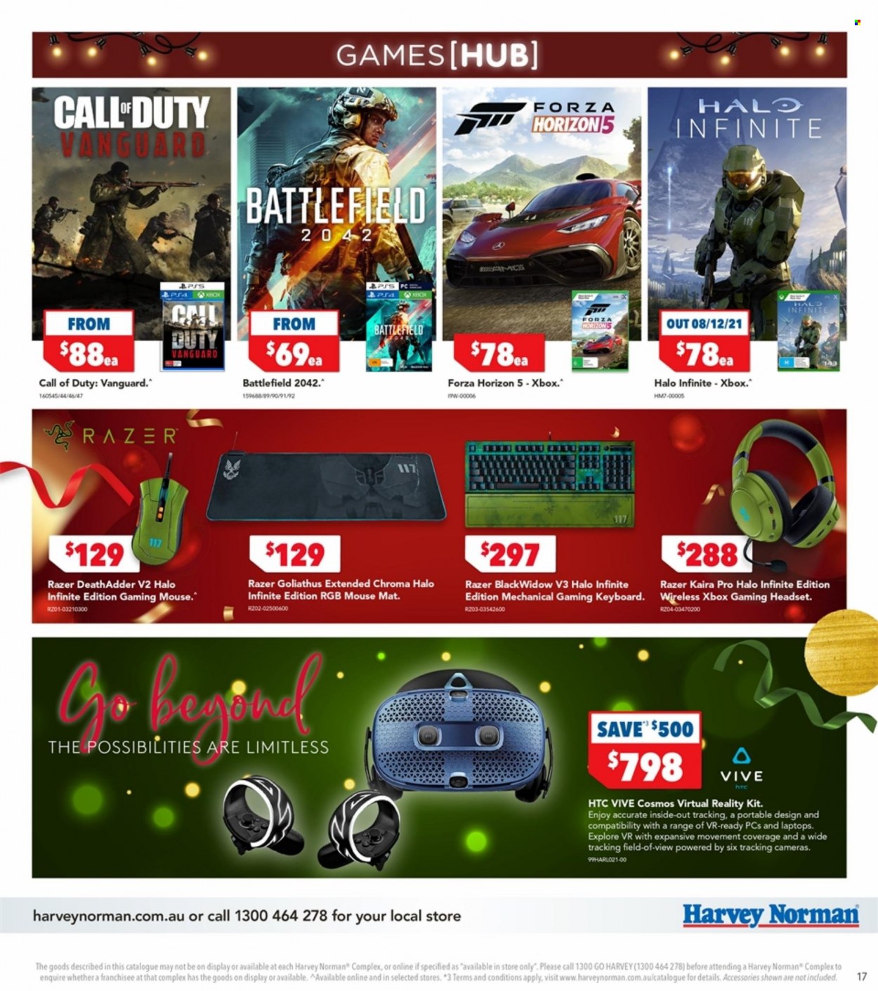 thumbnail - Harvey Norman Catalogue - 6 Dec 2021 - 24 Dec 2021 - Sales products - gaming keyboard, gaming mouse, Razer, gaming headset, keyboard, mouse, laptop, Xbox, camera, headset. Page 17.