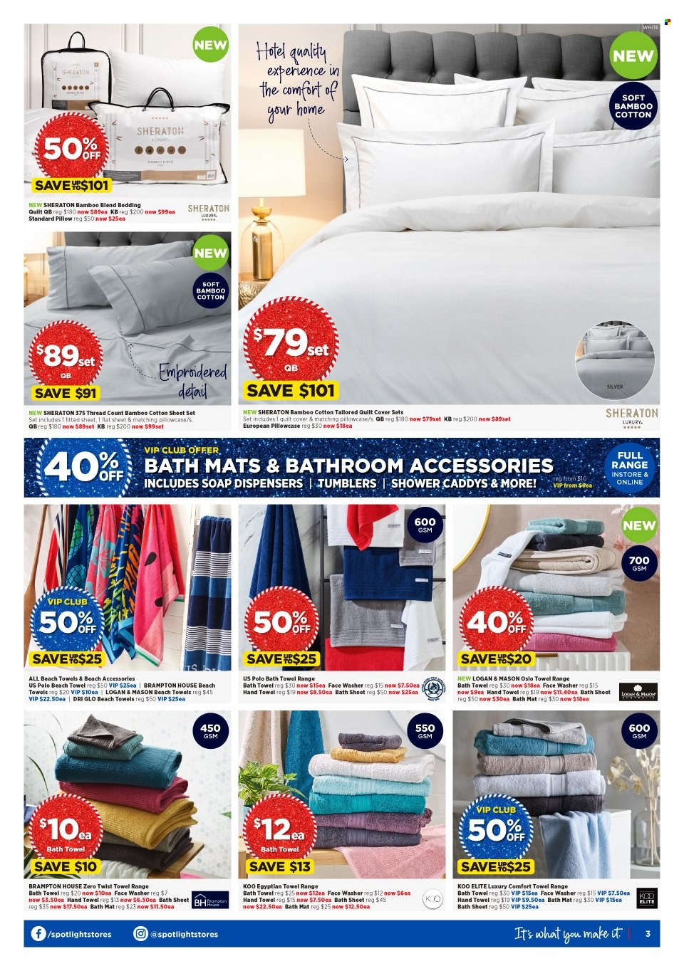 thumbnail - Spotlight Catalogue - 8 Dec 2021 - 24 Dec 2021 - Sales products - tumbler, pillow, pillowcase, quilt, bath mat, bath towel, hand towel, beach towel. Page 3.