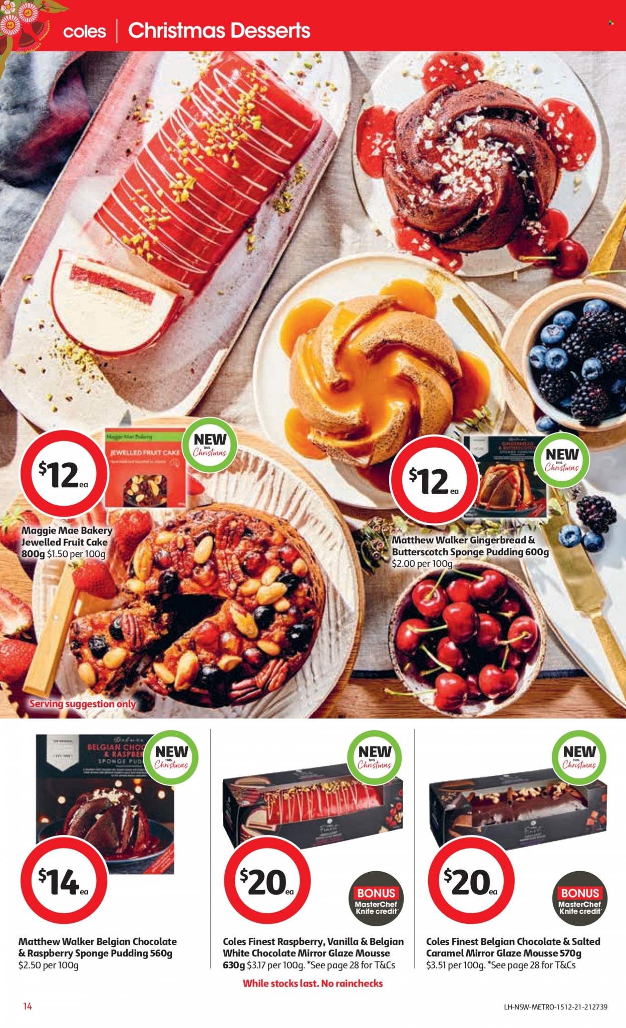 thumbnail - Coles Catalogue - 15 Dec 2021 - 24 Dec 2021 - Sales products - cake, gingerbread, pudding, butterscotch, chocolate, knife, sponge. Page 14.