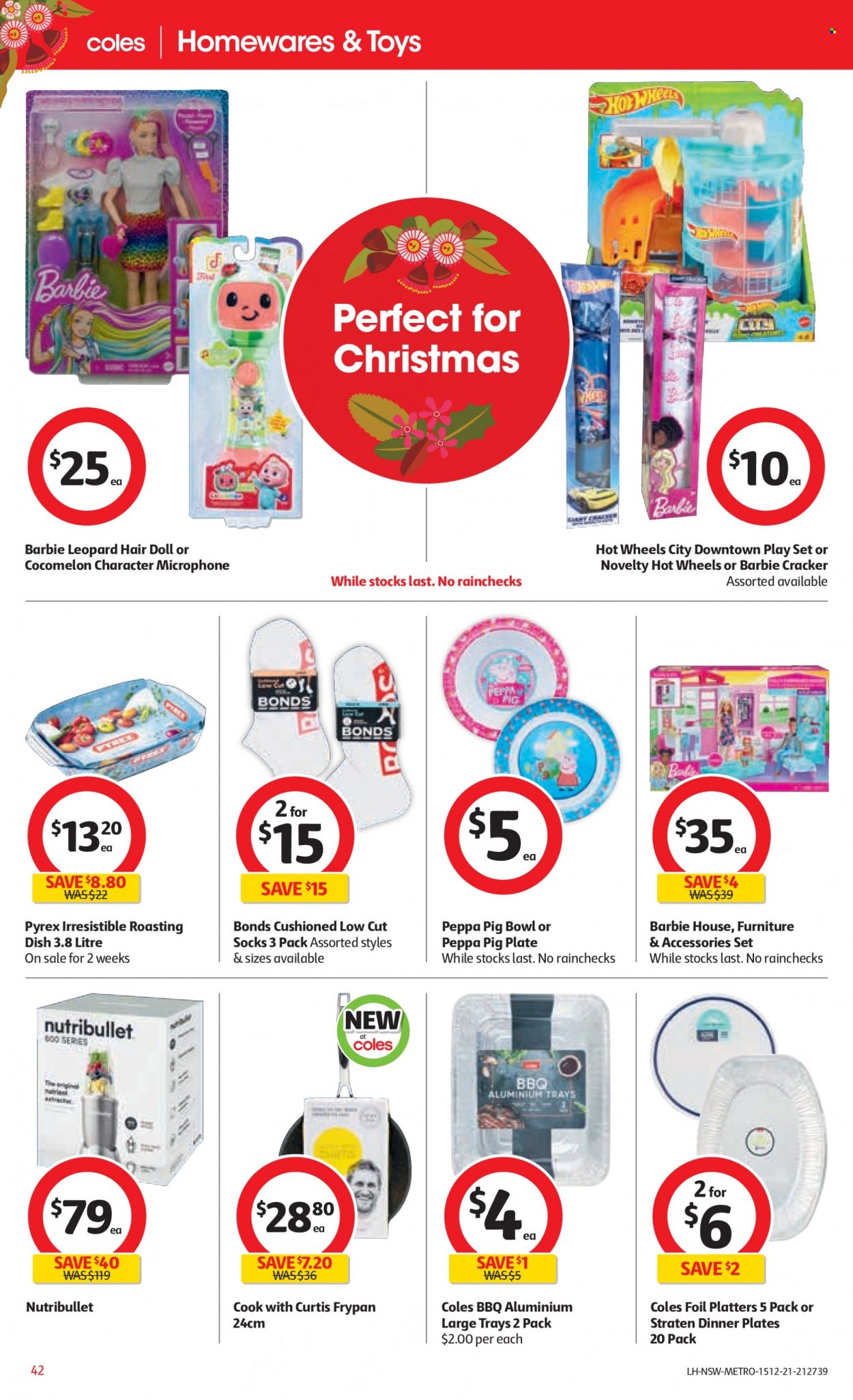 thumbnail - Coles Catalogue - 15 Dec 2021 - 24 Dec 2021 - Sales products - crackers, Hot Wheels, Peppa Pig, plate, dinner plate, bowl, frying pan, Pyrex, microphone, NutriBullet. Page 42.