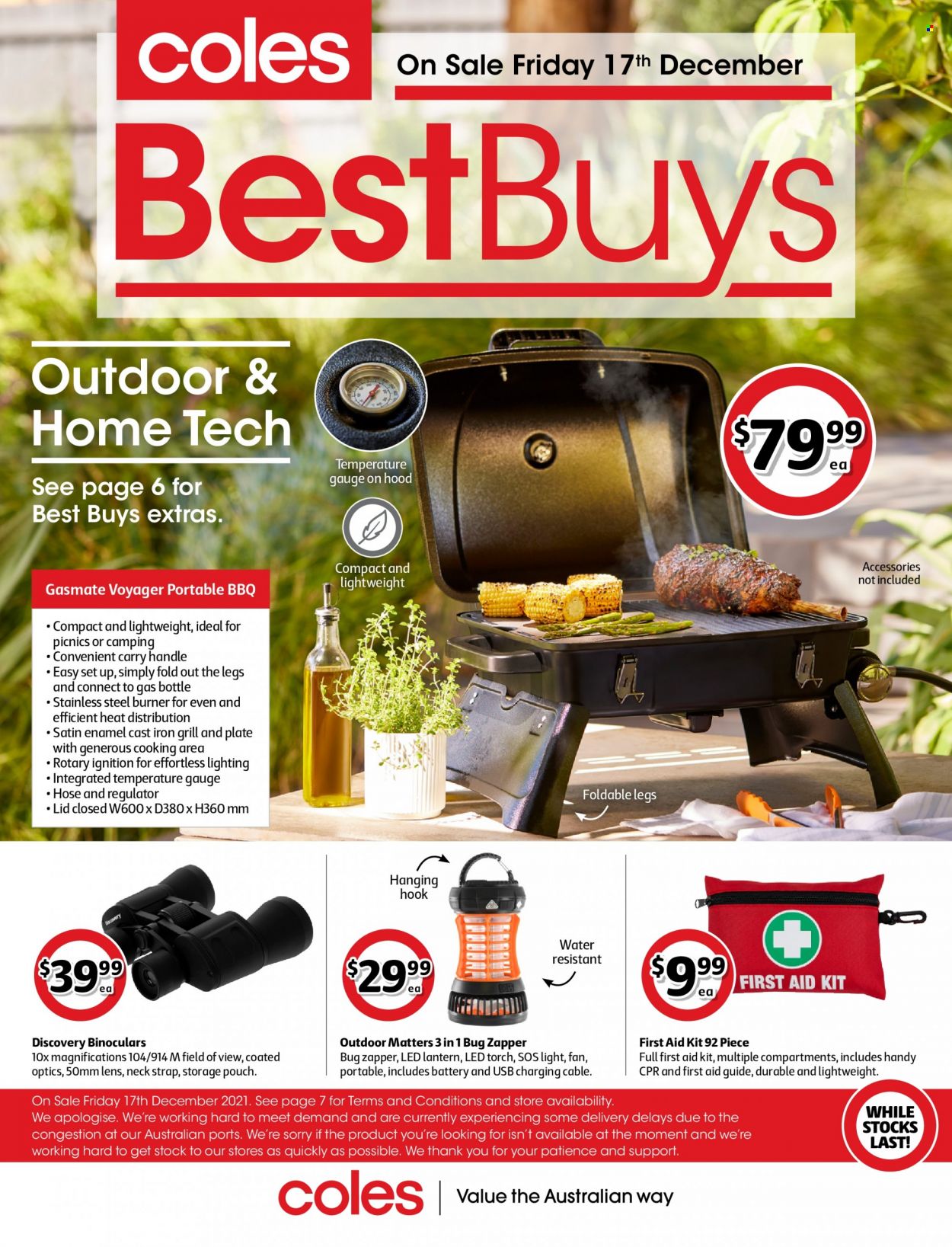 thumbnail - Coles Catalogue - 17 Dec 2021 - 30 Dec 2021 - Sales products - lid, plate, lantern, lighting, portable barbecue, first aid kit. Page 1.