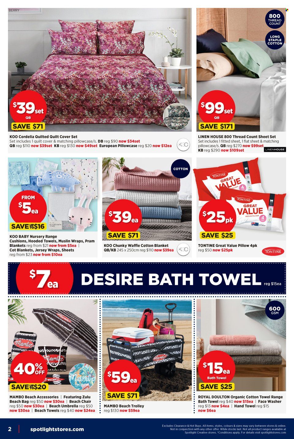 thumbnail - Spotlight Catalogue - 15 Dec 2021 - 24 Dec 2021 - Sales products - trolley, bag, blanket, cushion, linens, pillow, pillowcase, quilt, quilt cover set, bath towel, hand towel, beach towel, pram. Page 2.