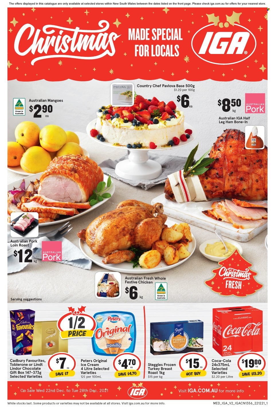 thumbnail - IGA Catalogue - 22 Dec 2021 - 28 Dec 2021 - Sales products - mango, ham, leg ham, ice cream, Lindt, Lindor, Toblerone, Cadbury, Coca-Cola, turkey breast, whole turkey, pork loin, pork meat. Page 1.