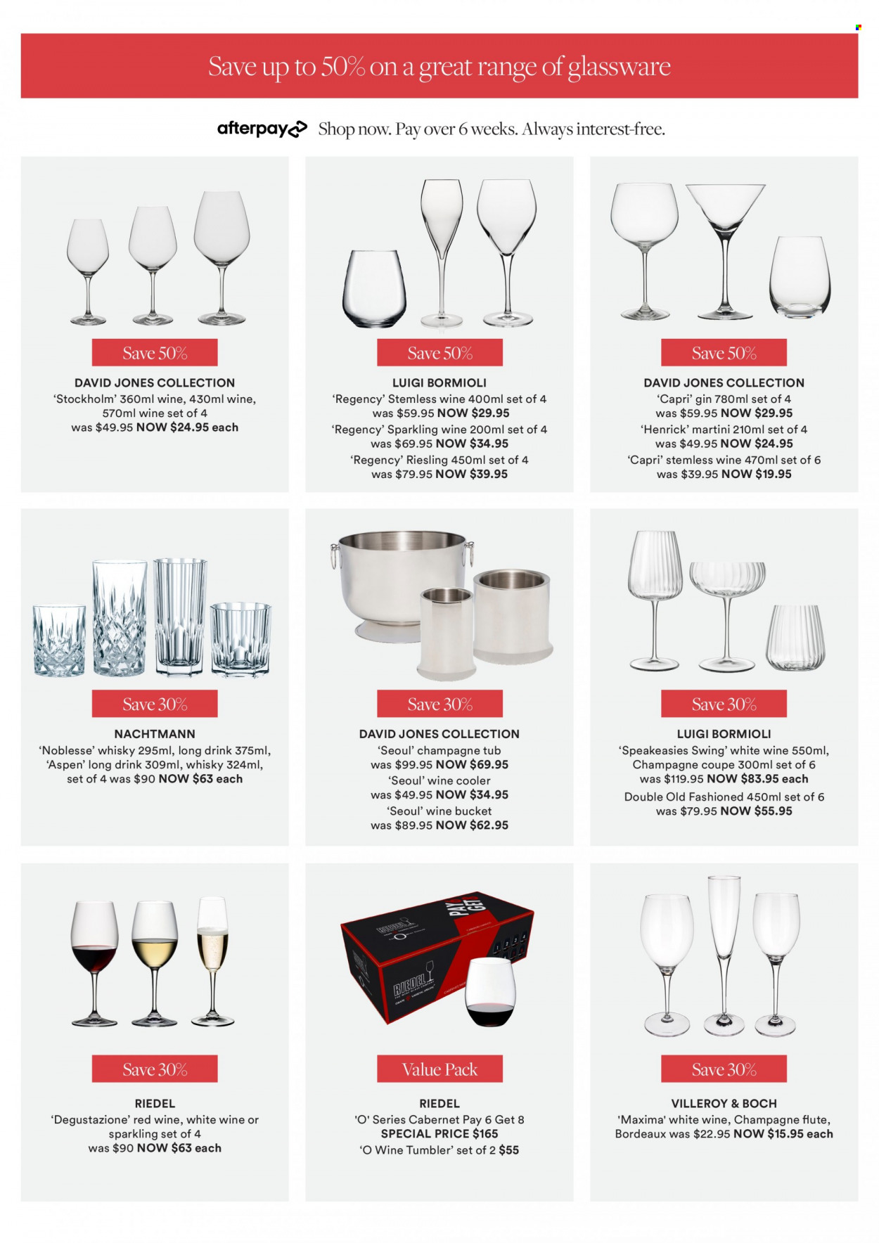 thumbnail - David Jones Catalogue - 25 Dec 2021 - 26 Jan 2022 - Sales products - Cabernet Sauvignon, red wine, Riesling, sparkling wine, white wine, wine, gin, Martini, whisky, glassware set, tumbler, champagne flute, flute, wine cooler. Page 6.