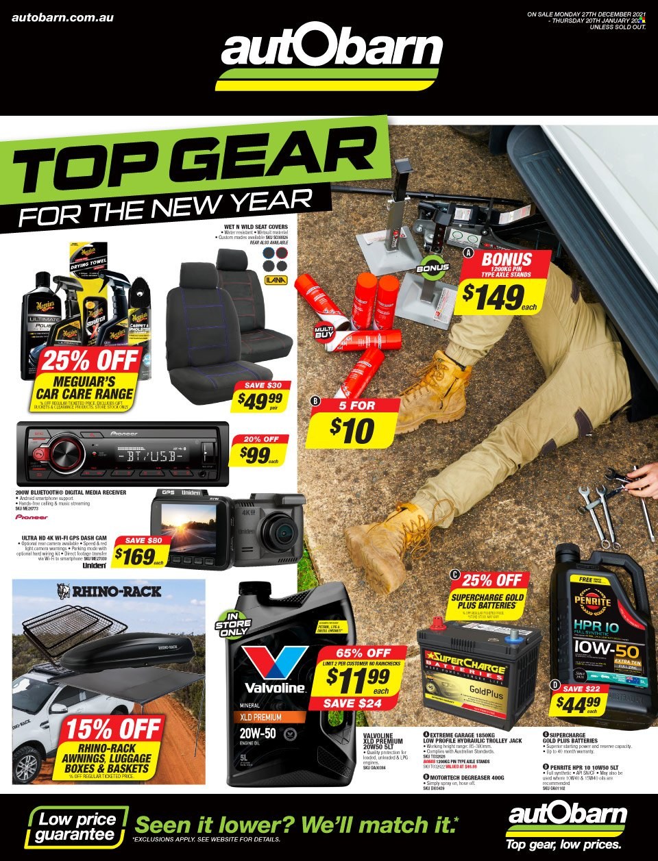 thumbnail - Autobarn Catalogue - 27 Dec 2021 - 20 Jan 2022 - Sales products - dashboard camera, car seat cover, battery, wiring kit, Penrite, degreaser, Valvoline. Page 1.