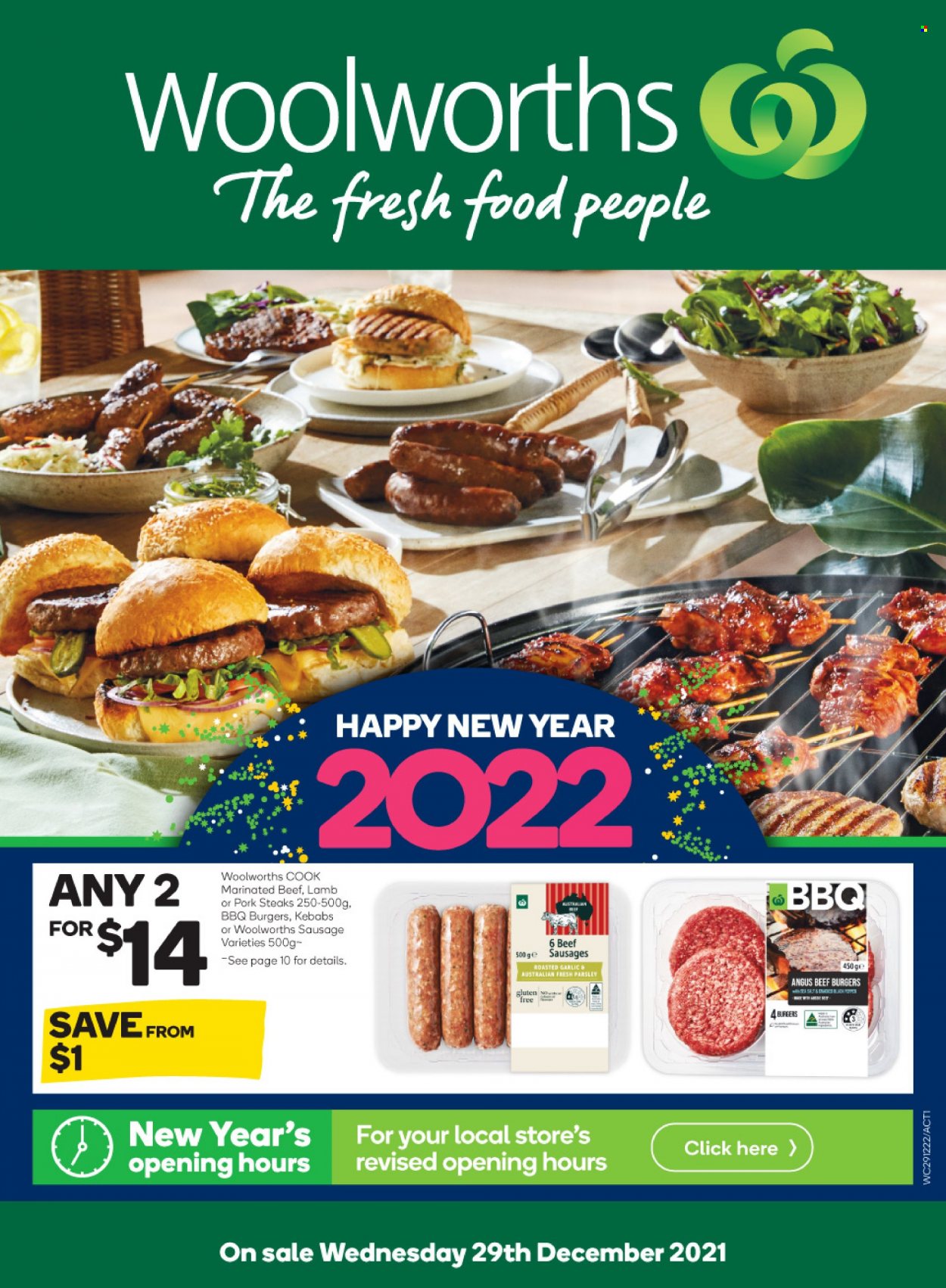 thumbnail - Woolworths Catalogue - 29 Dec 2021 - 4 Jan 2022 - Sales products - parsley, hamburger, beef burger, sausage, beef meat, steak, pork chops, pork meat. Page 1.