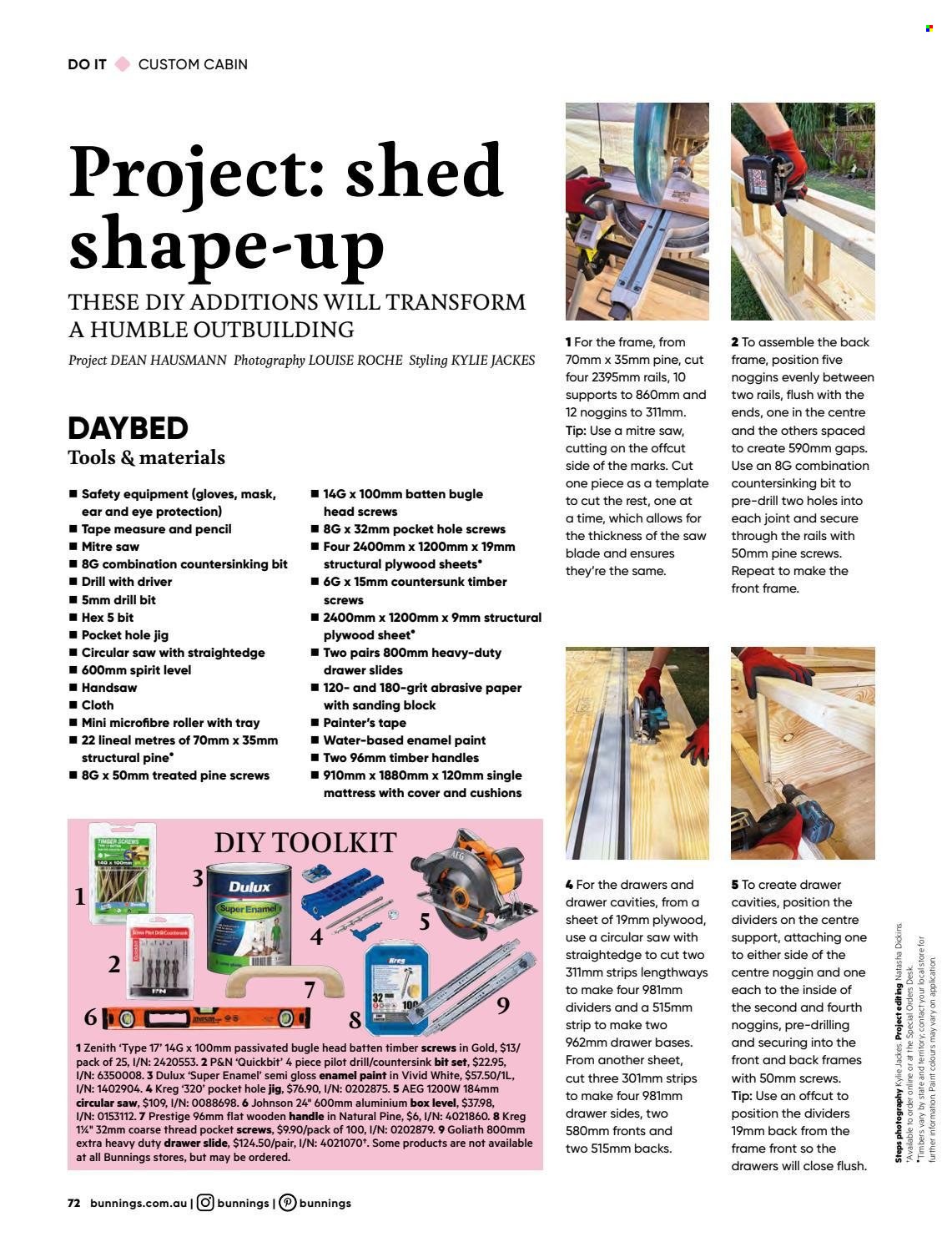 thumbnail - Bunnings Warehouse Catalogue - 1 Jan 2022 - 31 Jan 2022 - Sales products - drawer base, daybed, mattress, desk, cushion, paper, pencil, Pilot, AEG, roller, gloss enamel, paint, Dulux, circular saw, saw, handsaw, measuring tape, shed. Page 72.