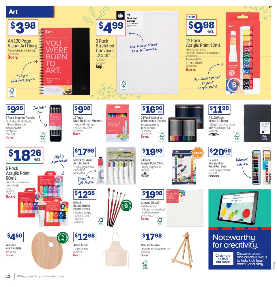 thumbnail - Officeworks Catalogue - 6 Jan 2022 - 20 Jan 2022 - Sales products - pan, paper, diary, pencil, watercolour, canvas, easel, table. Page 12.
