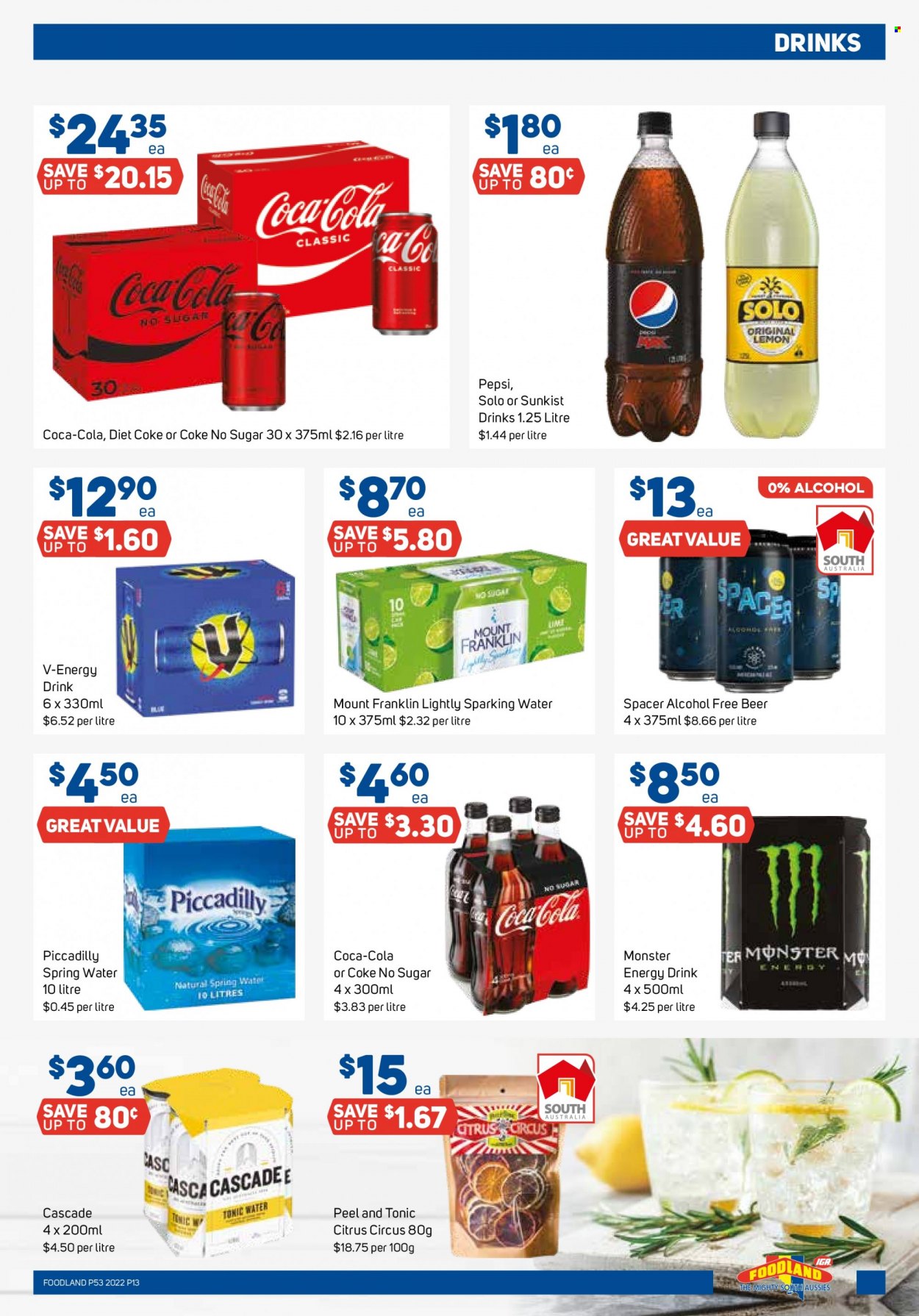thumbnail - Foodland Catalogue - 30 Dec 2021 - 4 Jan 2022 - Sales products - Coca-Cola, Pepsi, energy drink, Monster, tonic, Diet Coke, spring water, beer, Cascade. Page 13.