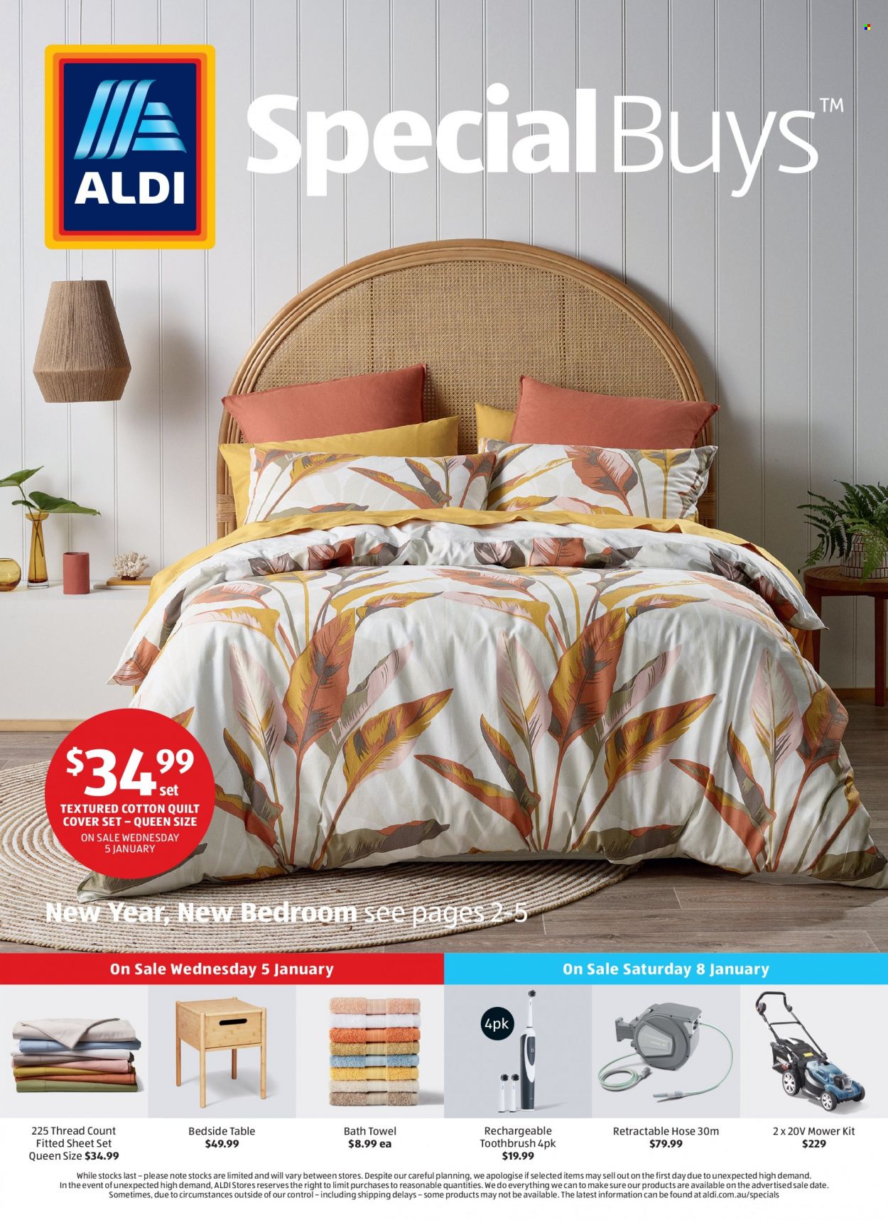 ALDI Catalogue - 5 Jan 2022 - 11 Jan 2022 - Sales products - toothbrush, quilt, cotton quilt, quilt cover set, bath towel, towel, table. Page 1.